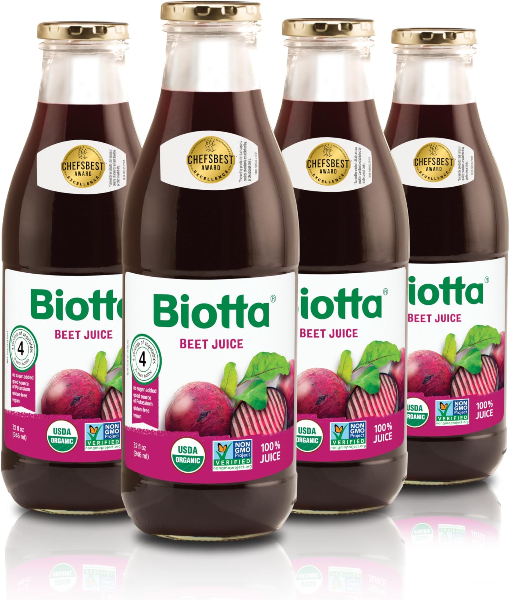 Biotta Organic Beet Juice - 100% Natural Beetroot Superfood - Helps Support Blood Pressure, Brain, Stamina & Energy - Natural Nitric Oxide & Potassium Booster - Gluten Free (32 Fl Oz, Pk of 4)
