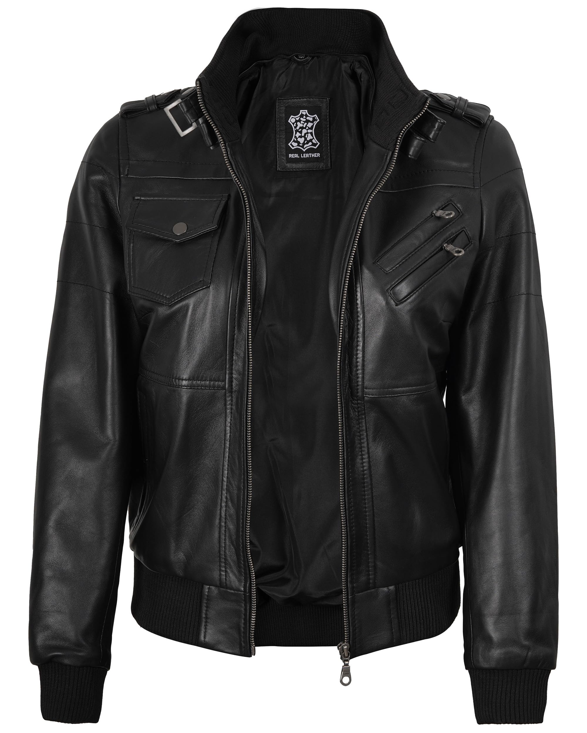 fjackets Blouson bomber en cuir pour femme - Veste en cuir d'agneau véritable pour femme avec capuche amovible - Veste à capuche pour femme