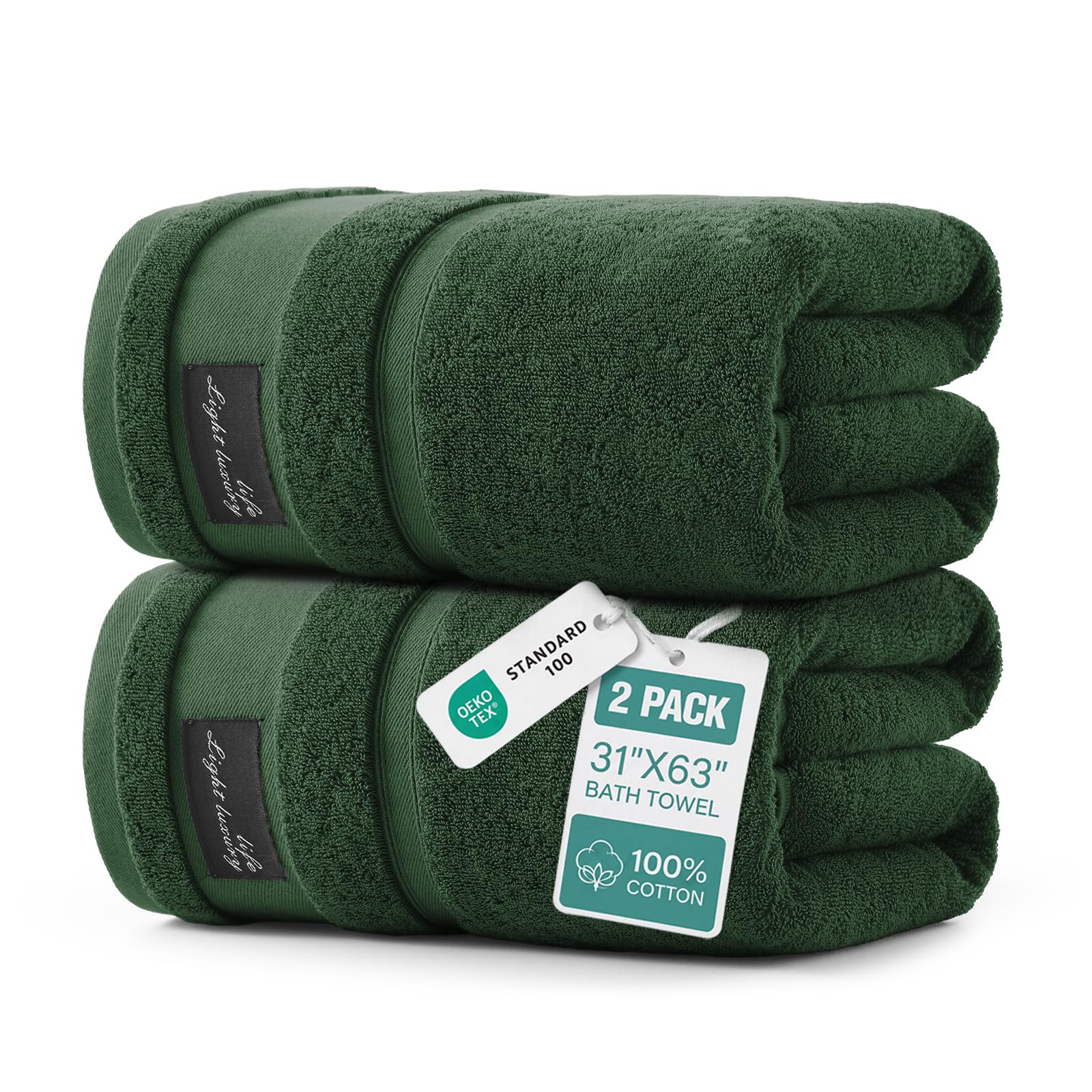 REDKISS Green Bath Towels Set of 2-160 x 80CM Large Size Cotton Towel, 600GSM, Heavyweight, Highly Absorbent & Quick Dry, Super Soft Luxury Bath Towel for Bathroom, Hotel Collection — image 1