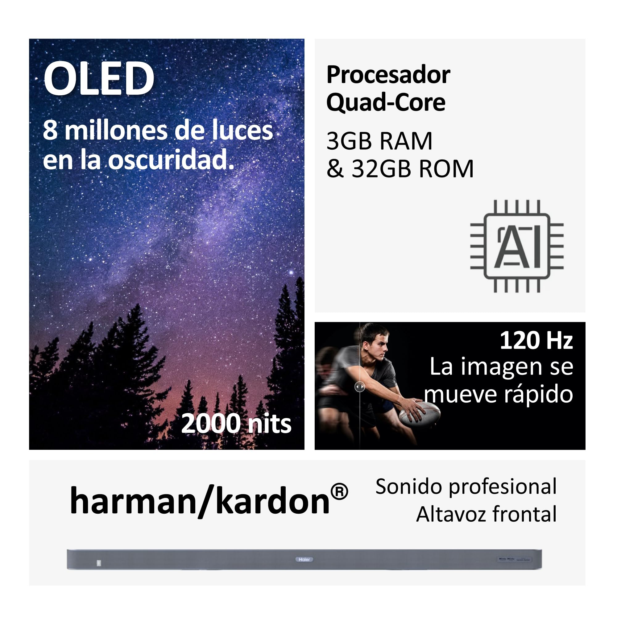 Haier OLED Harman Kardon 4K UHD H65C900UX - 65", Smart TV, Google TV, Dolby Atmos y Dolby Vision, HDR 10, Smart Remote Control, Google Assistant, Bluetooth 5.1, DBX TV, HDMI 2.1 x 4, Sin Marcos, 2024