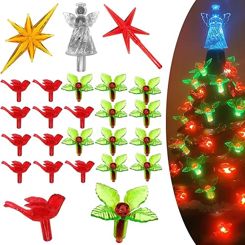 153 luces de Pascua para árbol de Navidad de cerámica de repuesto, 50 bombillas de flores rojas, 50 clavijas de árbol de bayas amarillas de plástico