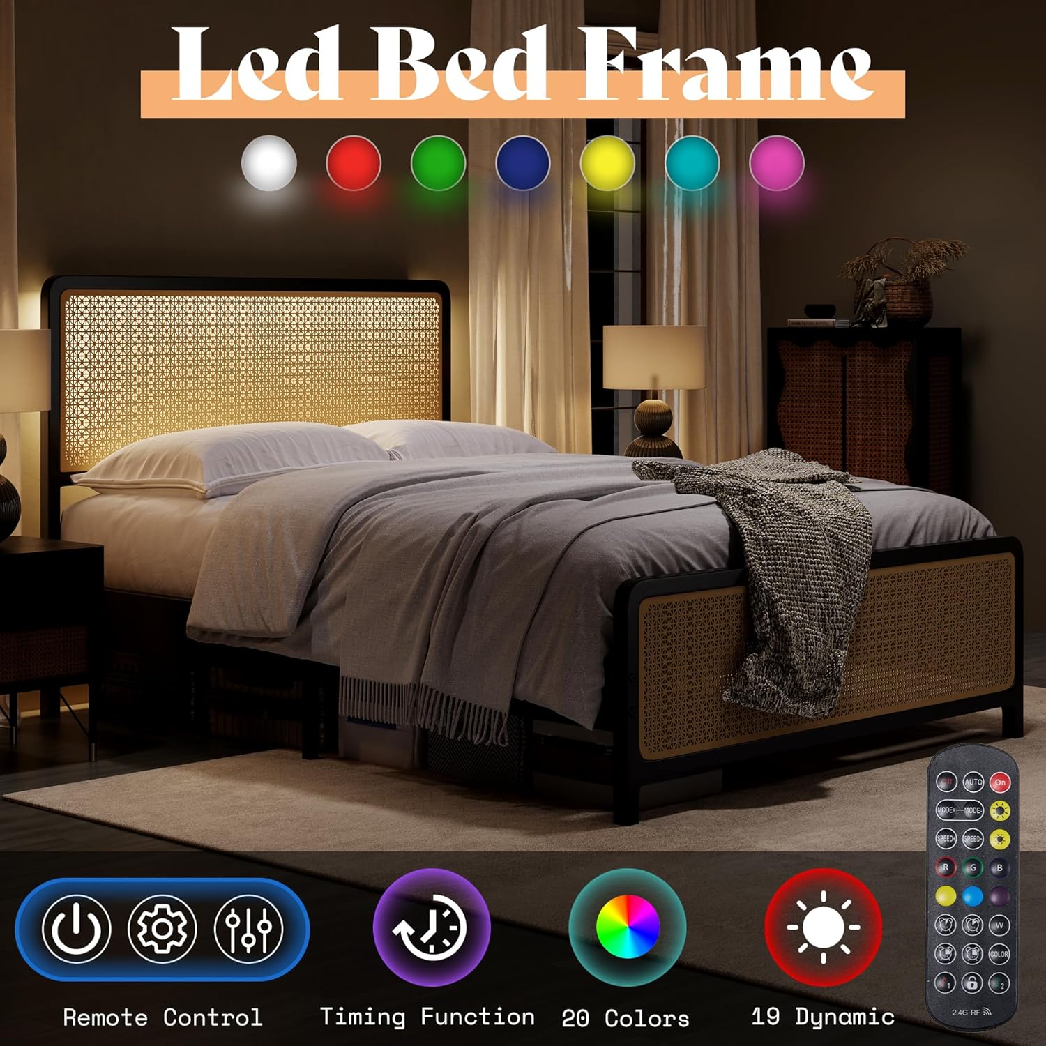 Image showing the LED bed frame with remote control, highlighting 20 colors and 19 dynamic effects.