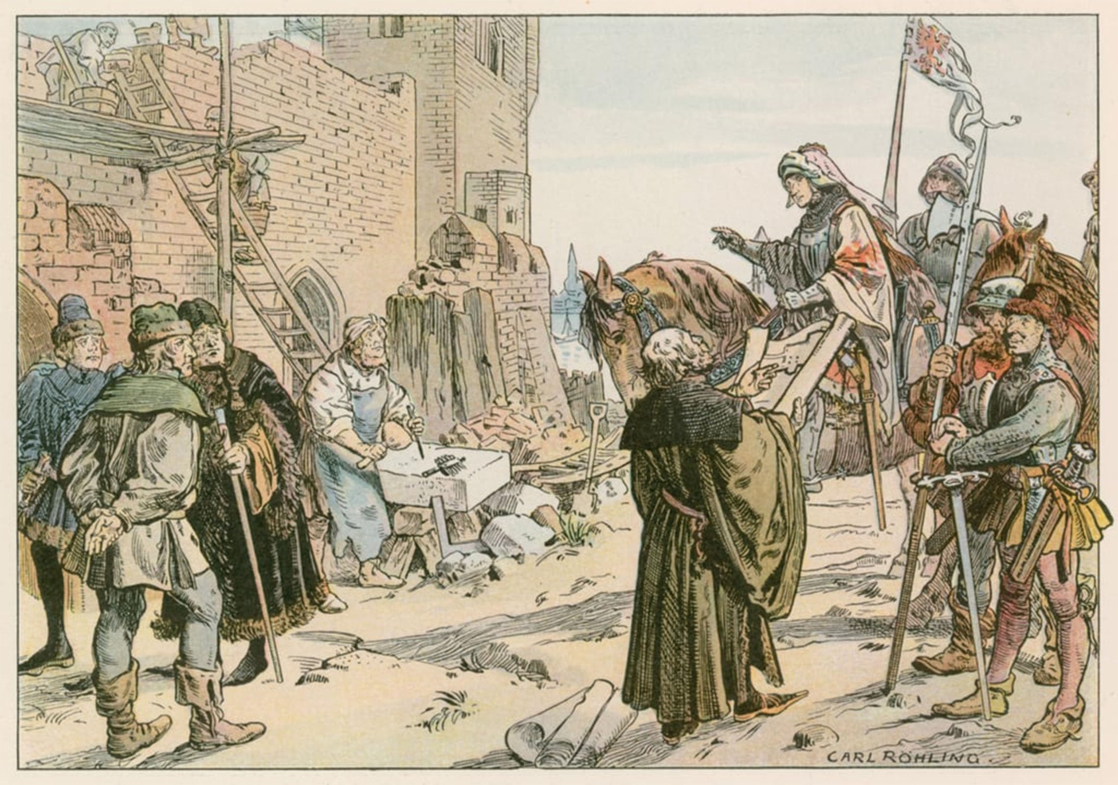 ARTXLXXBN Famous Painting Art Wall Decor Abstract Art Picture Frederick Ii At the Laying of the Foundations of the Castle on the River Spree in by Carl Rohling Animal Pictures for Home Decor 60x90cm
