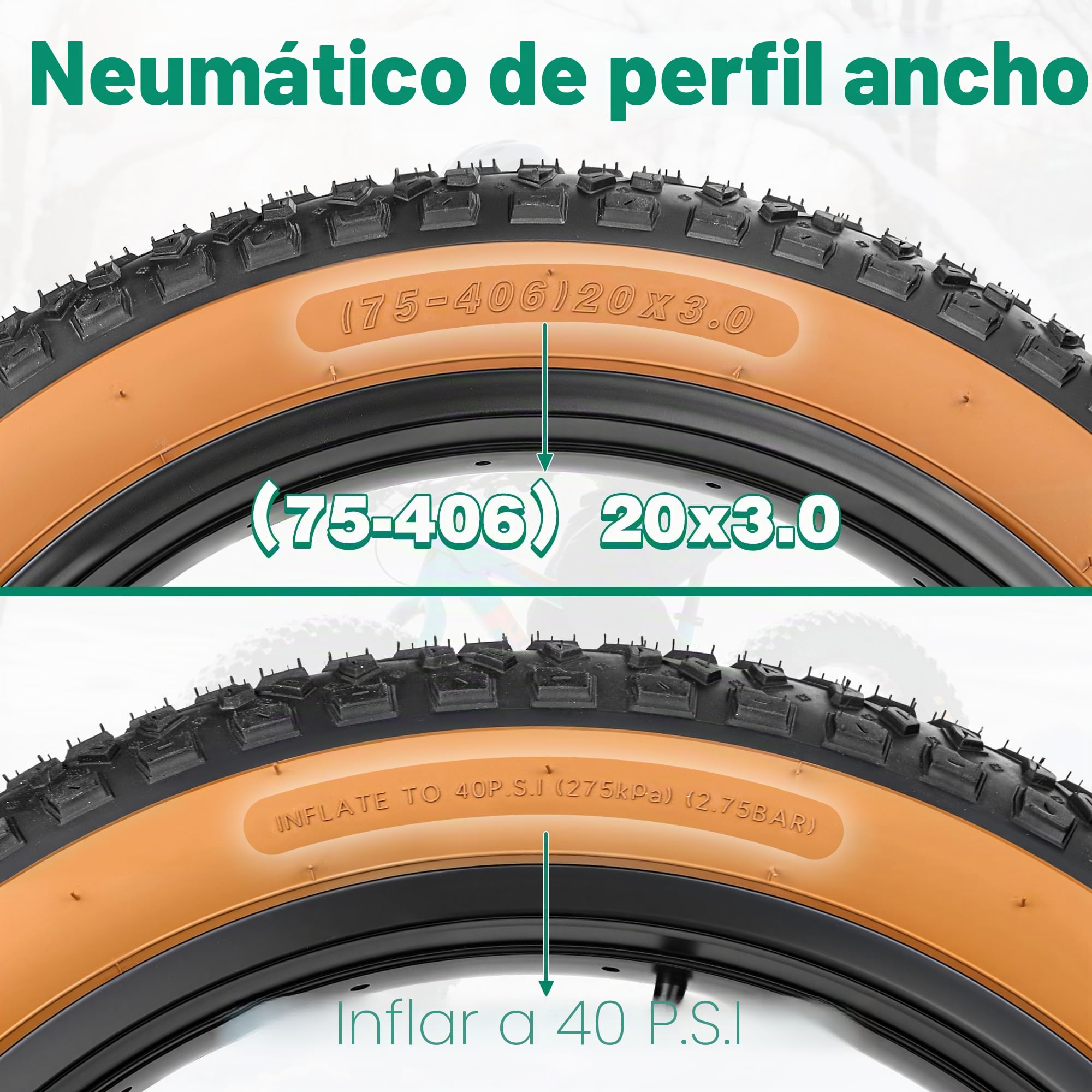 Neumáticos para bicicleta eléctrica de 20 x 3,0 pulgadas, 76-406, con perfil antideslizante, para bicicletas eléctricas, Fat Bike/MTB