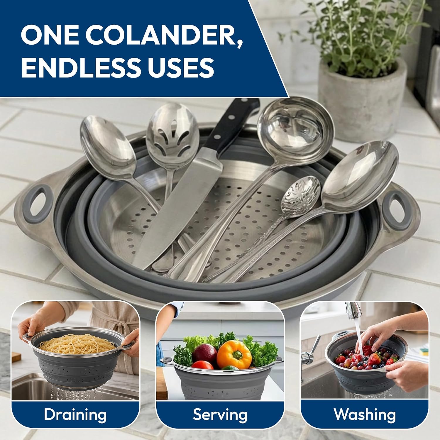 Collapsible Silicone & Steel Colander, Strainer, Large, Gray
