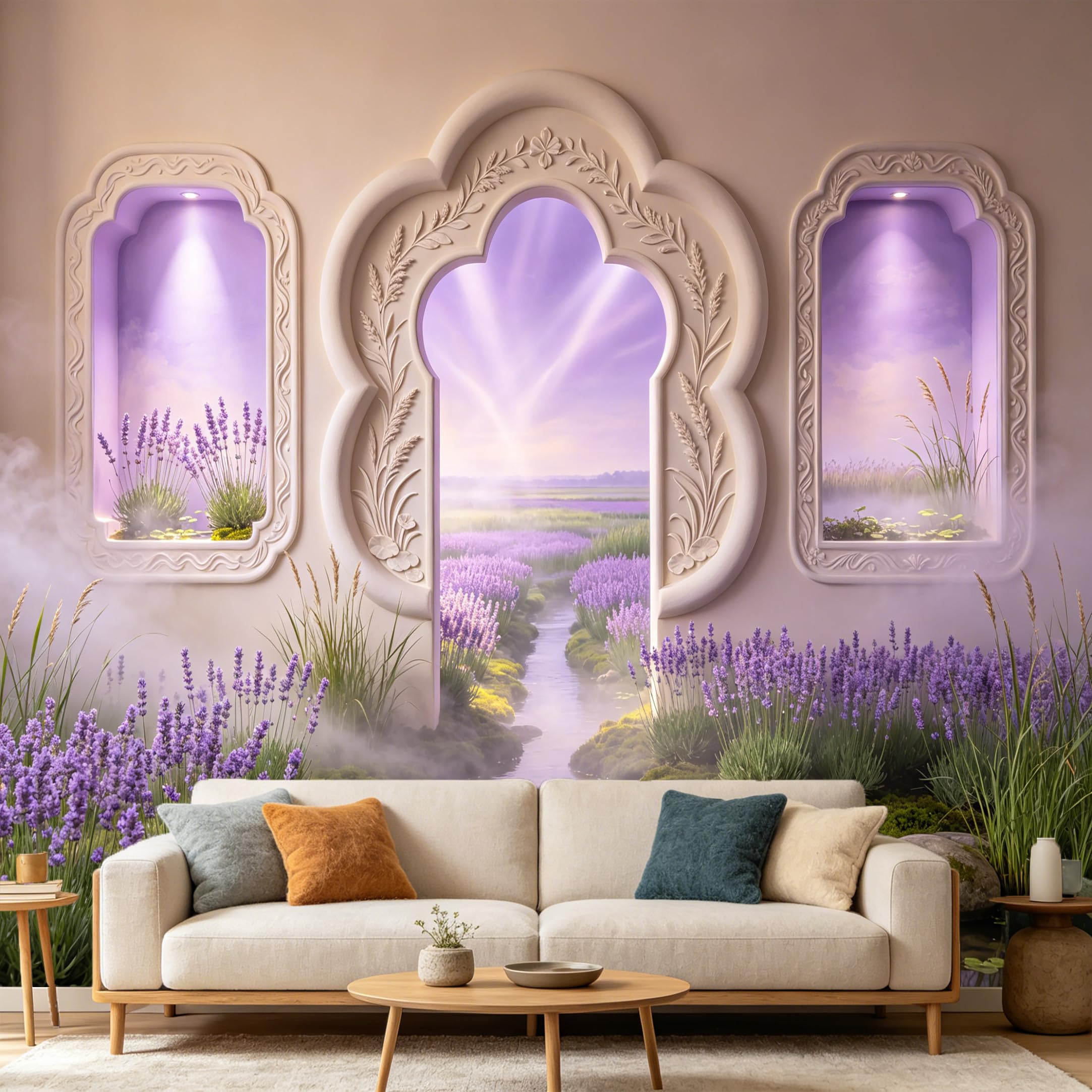 Custom Size Wall Mural， 3D Trompe L'Oeil Violet Flower Meadow River Archway Scenery， SelfAdhesive Art Prints wall Fabric Removable Large Wallpaper Home Living Room Decor