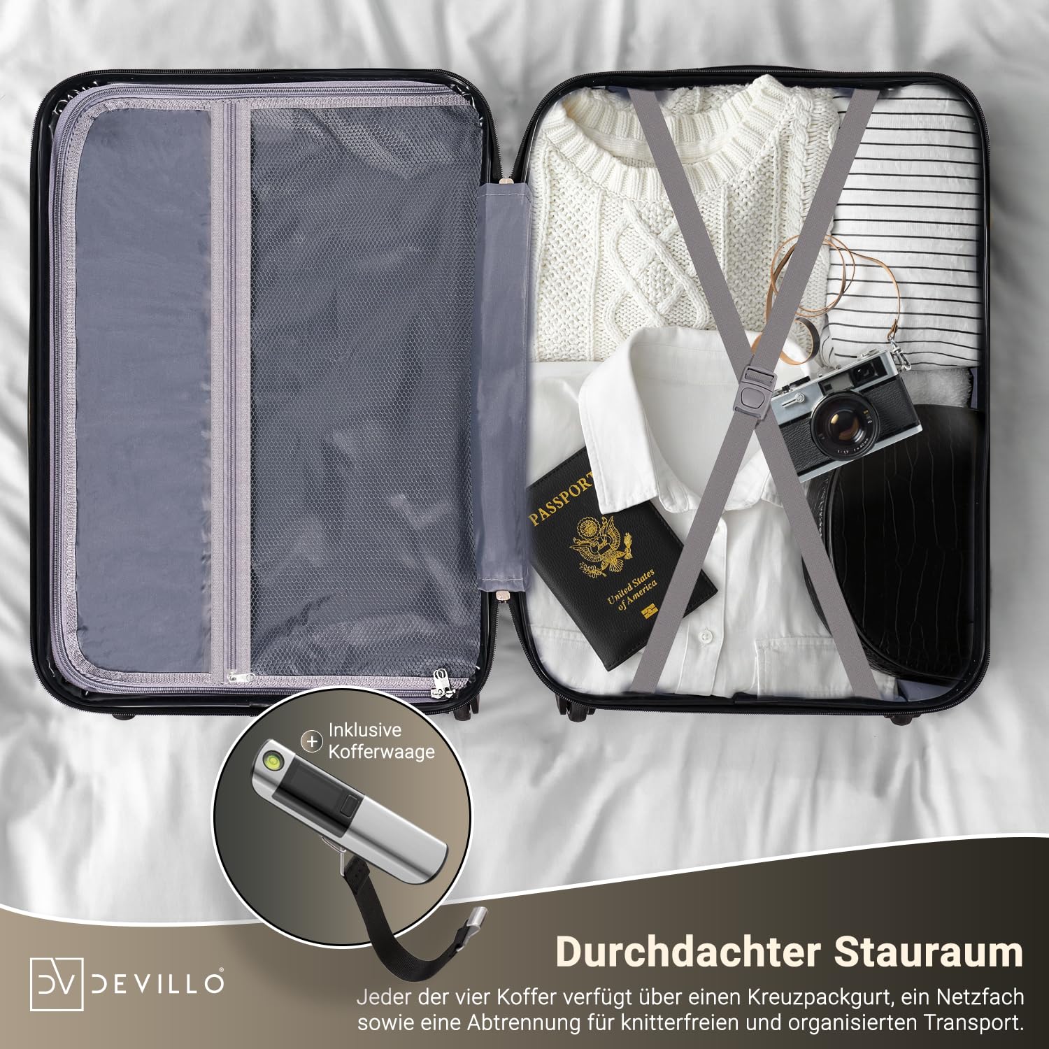 Devillo® Hartschalenkofferset Kofferset 4tlg. S-M-L-XL, Schwarz - Hard Shell Trolley Koffer Reisekoffer Reisekofferset Gepäck Rollkoffer Schloss 4 Rollen ABS-Hartschale Teleskopgriff