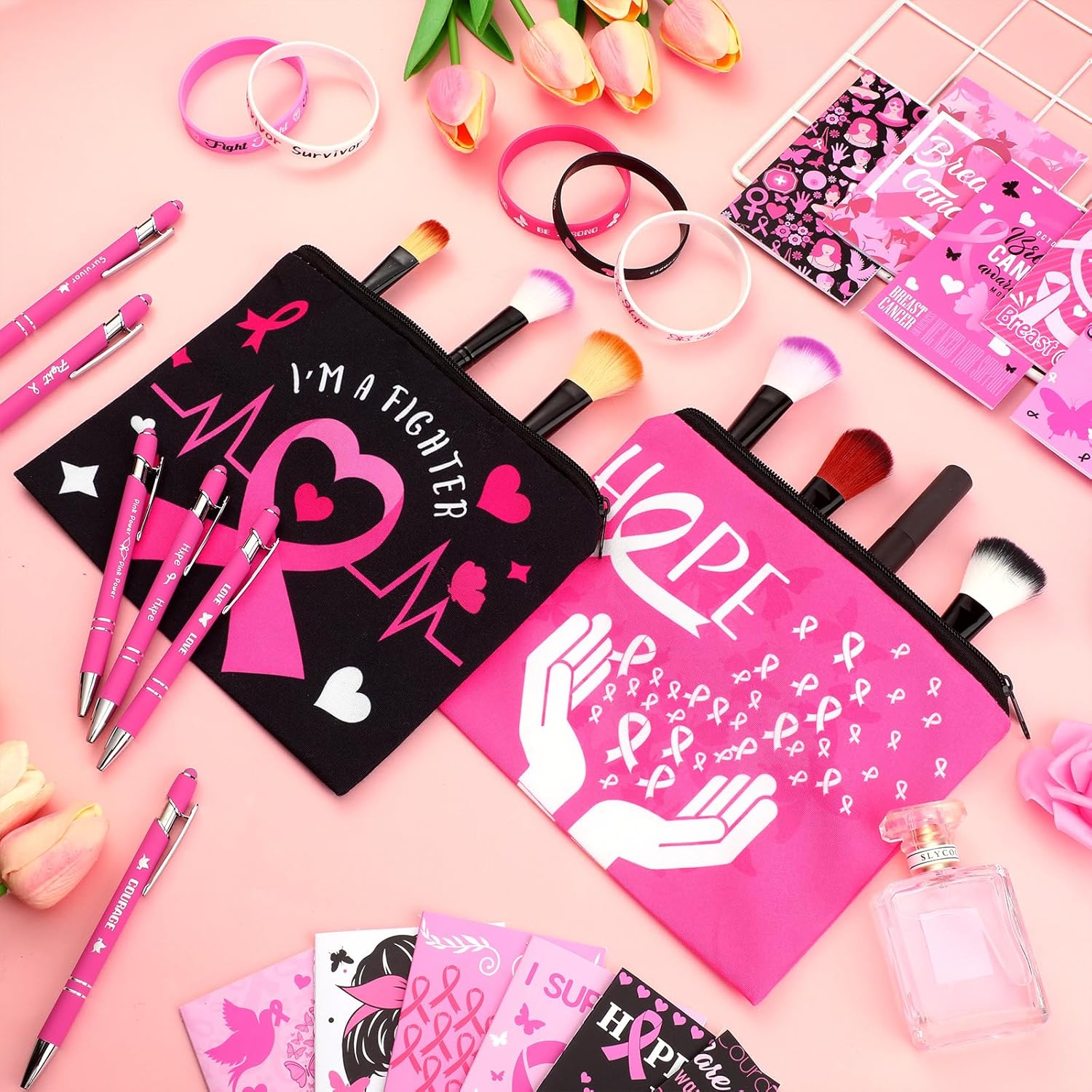 Qeeenar 48 Pcs Breast Cancer Awareness Accessories Include 12 Breast Cancer Inspirational Notepads 12 Pink Ribbon Pens 12 Makeup Bags 12 Pink Ribbon Bracelets Gifts for Women