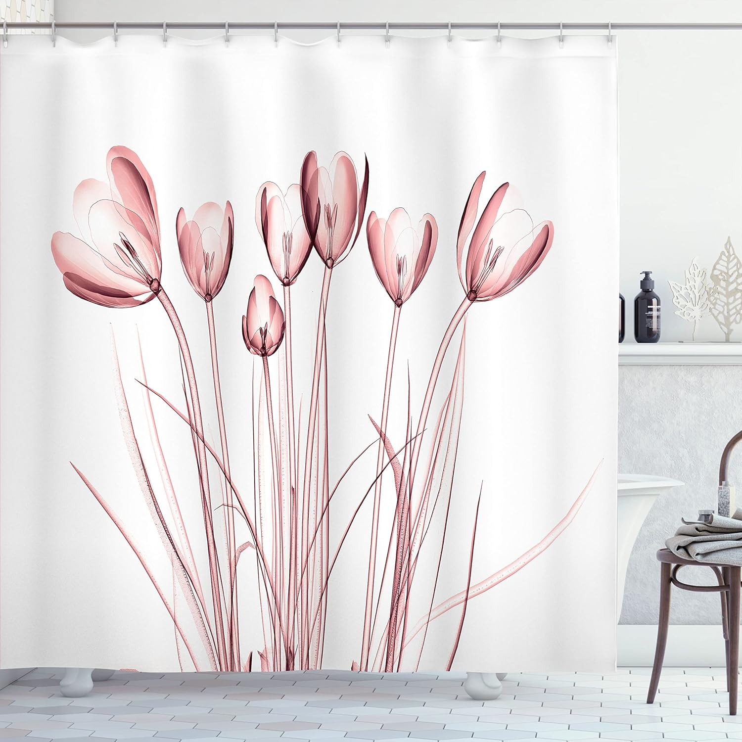 Ambesonne Flower Shower Curtain, X-ray Image of Tulips Solarized Effect Nature Inspired Illustration, Cloth Fabric Bathroom Decor Set with Hooks, 69" W x 70" L, Blush Rose