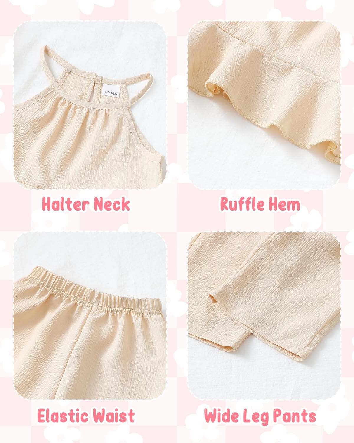 Kucnuzki Baby Girl Clothes Toddler Girl Summer Outfits Sleeveless Ruffle Halter Tops Wide Leg Pants Kids Clothing Set - Image 5