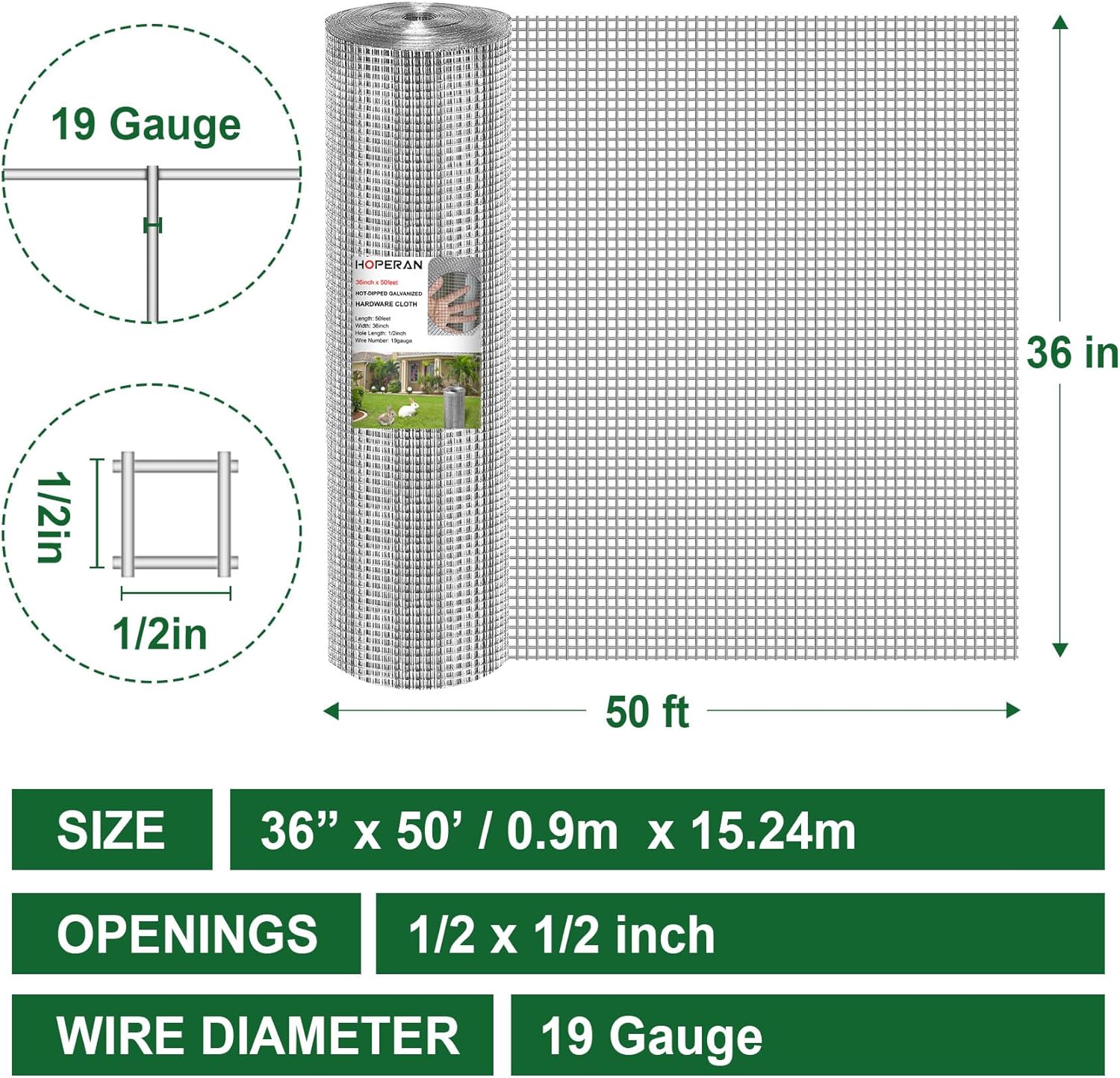 HOPERAN Hardware Cloth 1/2 Inch 36 x 50 ft - 19 Gauge Chicken Wire Fencing Mesh, Hot Dipped Galvanized After Welding, Wire Fence Rolls for Garden Fencing, Gopher Wire Rabbit Wire Poultry Netting