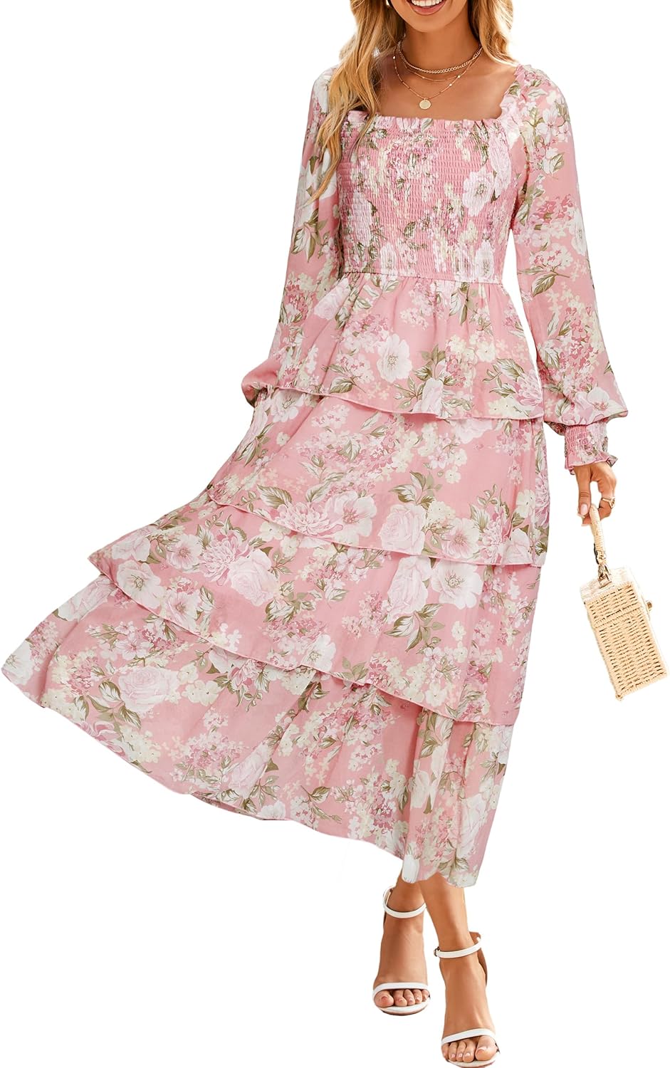 Simplee Womens Long Sleeve Floral Wedding Guest Dress Flowy Tiered Smocked Square Neck Fall Boho Maxi Dresses