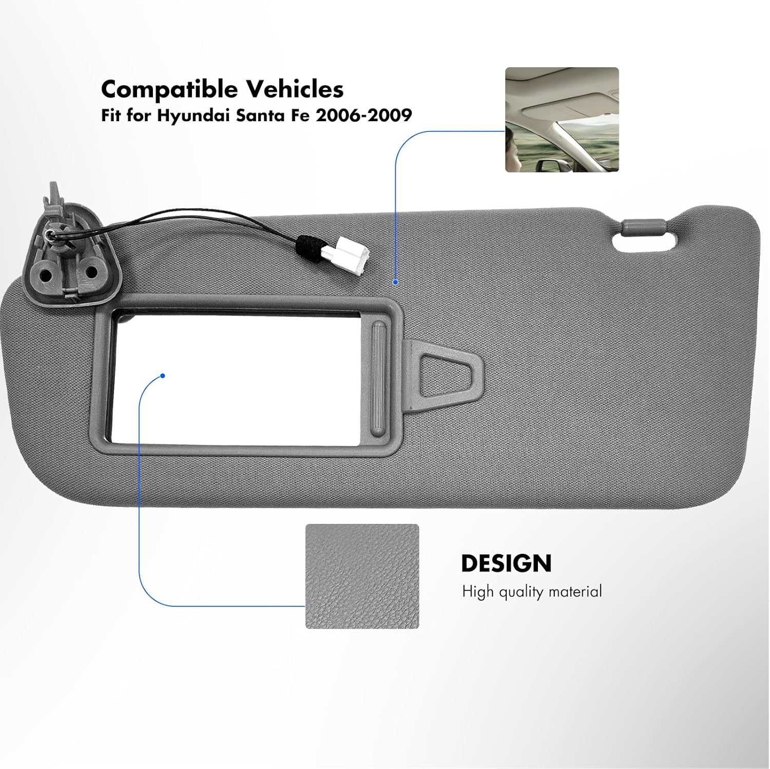 Sun Visor Fit for Hyundai Santa Fe 2006-2012 Sunshade Replacement 852100W110J4 with Light (Left Dirver Side(Grey))