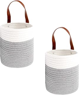 Ensemble de panier mural tissé suspendu, lot de 2 paniers à plantes tissés en corde de coton, panier organisateur de rangement décor rustique pour la maison, 8,5 po x 6,5 po - gris clair / blanc