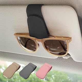 Kelinuoqrx Magnetic Leather Sunglass Holder, Eyeglass Hanger Clip for Car Sun Visor, Suitable for Different Size Eyeglasses (Black)
