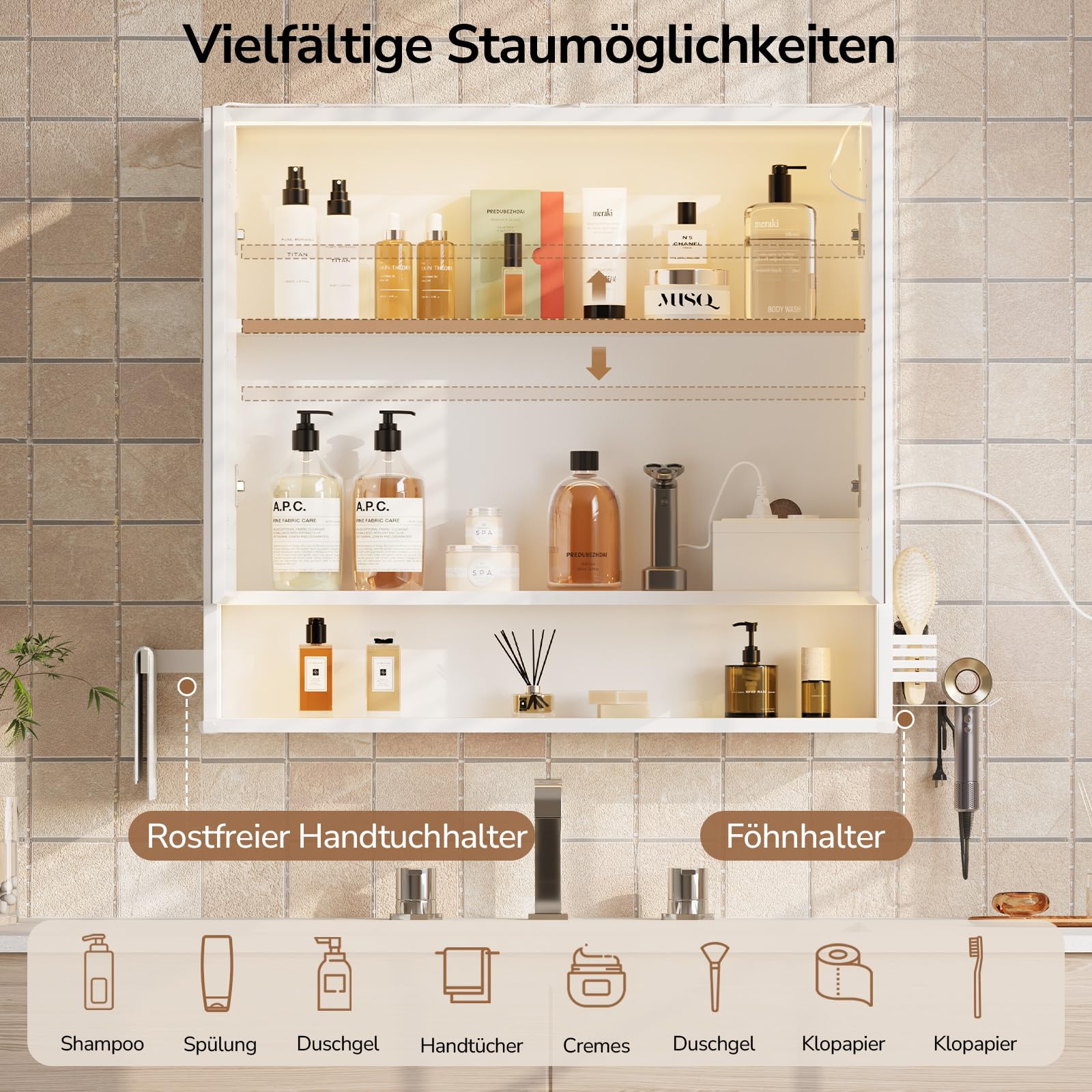 2-türiger LED-Spiegelschrank 80x78x18 cm, Steckdose, Touch-Sensor & 3 dimmbare Lichttemperaturen – inkl. Föhnhalter, Handtuchhalter & verstellbarem Einlegeboden – Weiß