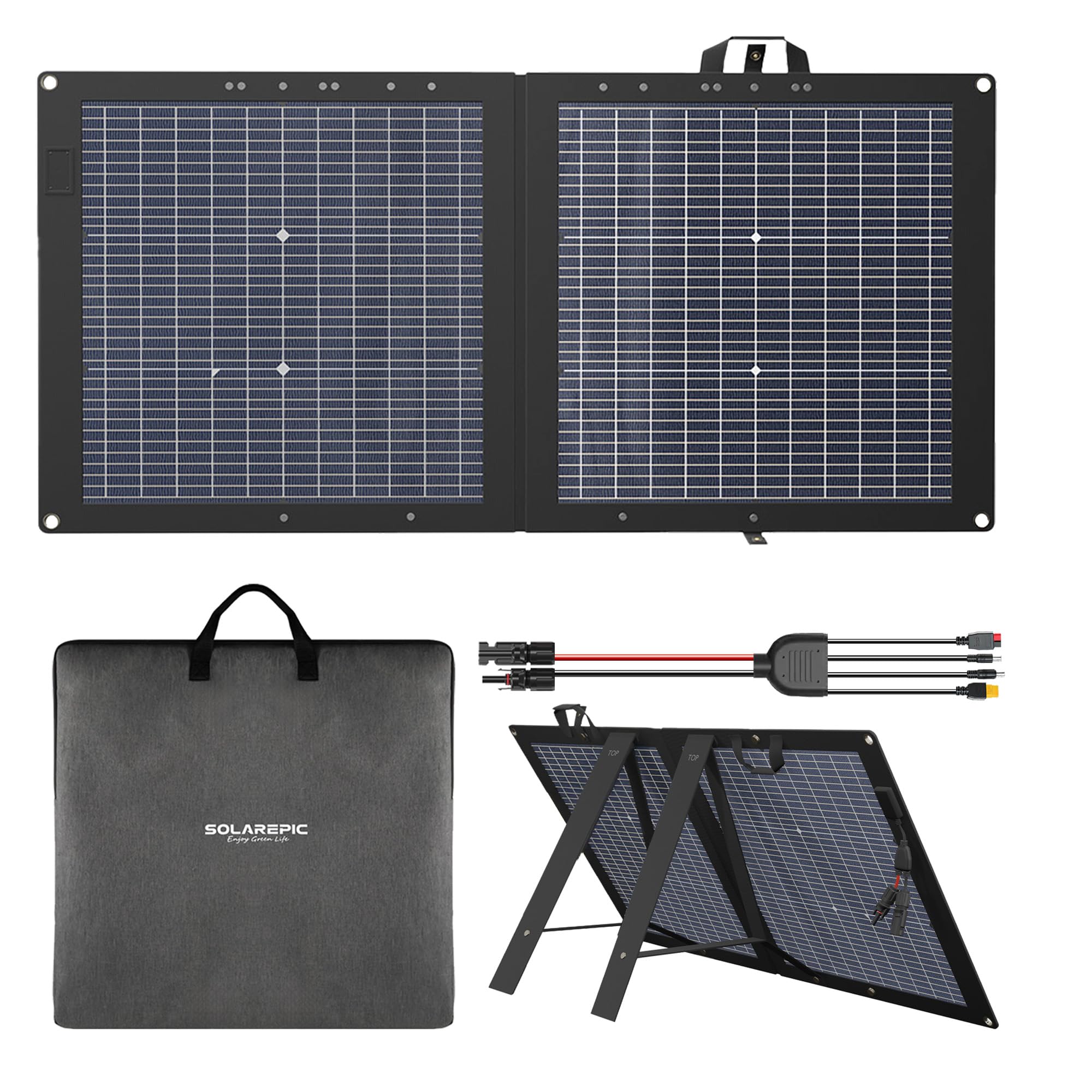 Pannello solare pieghevole da 110 W, monocristallino bifacciale, uscita 25,9 Voc, impermeabile, per centrali elettriche portatili, campeggio, camper, con cavalletto e borsa per il trasporto
