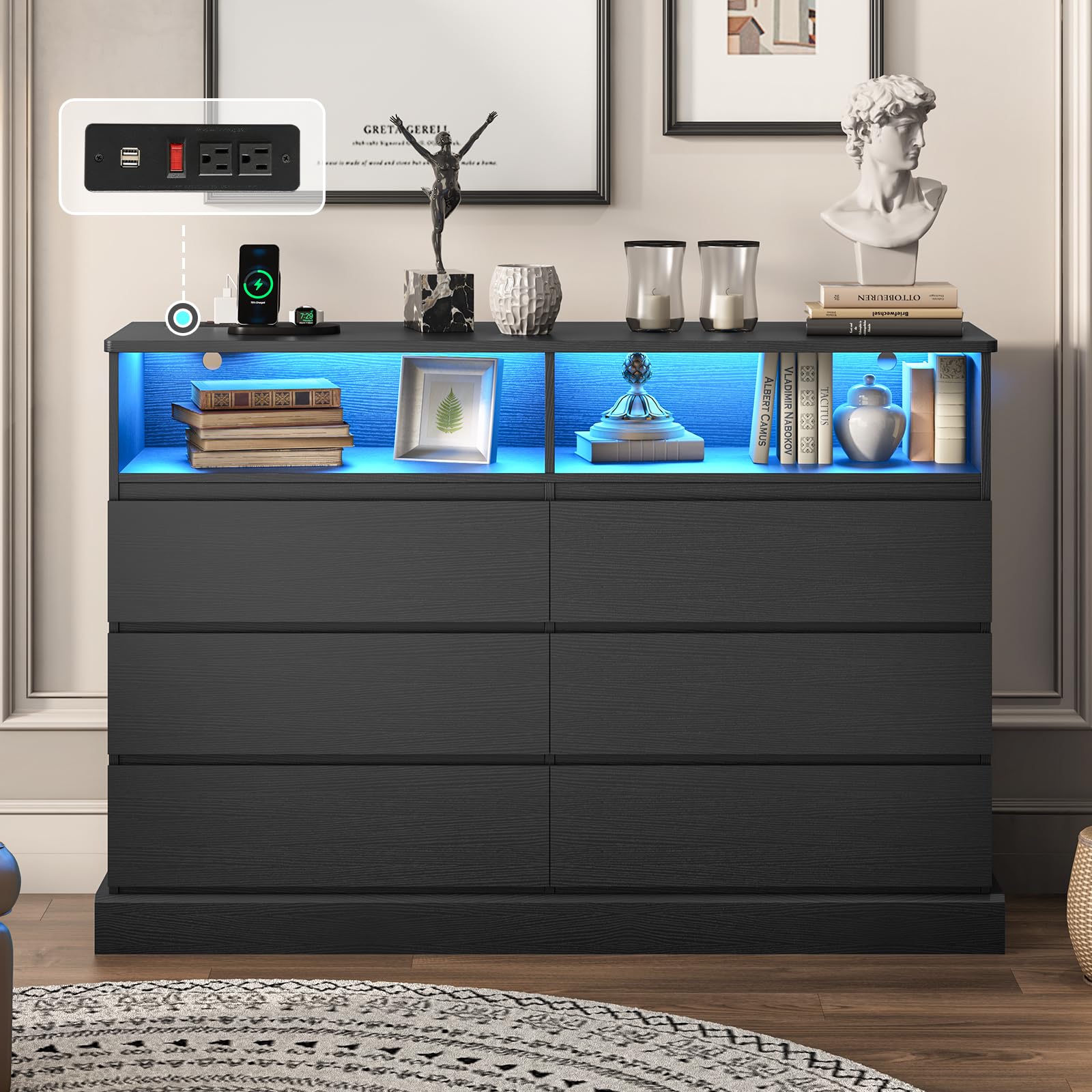 DICTAC Black Dresser for Bedroom with LED Lights with Charging Station, 6 Drawer Double Dresser with No Handle Drawers, Modern Chest of Drawers for