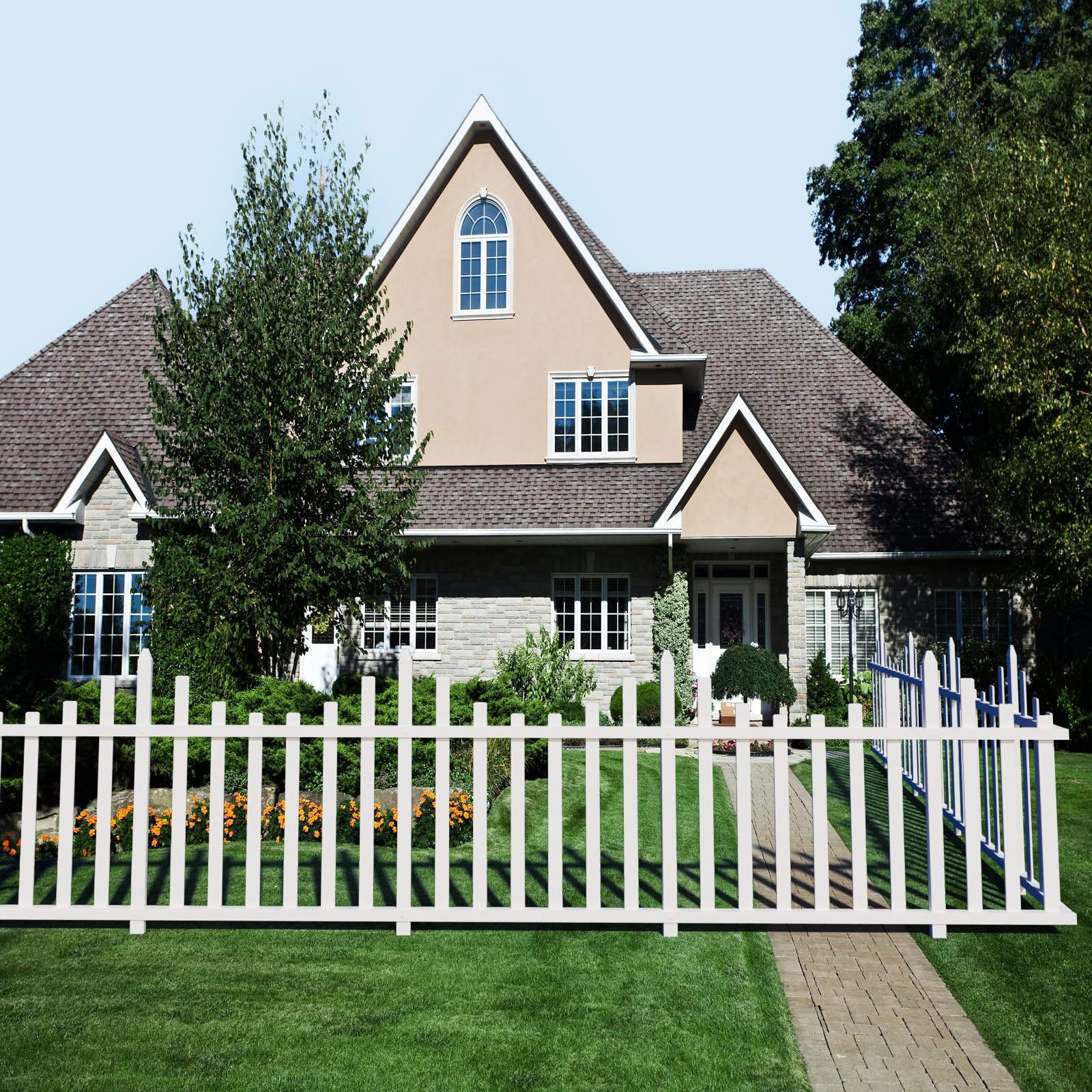 Picket Fence Panels 60" W X 30" H Decorative White Fence Outdoor Garden Fence Vinyl Picket Fence No Dig Fence Kit for Yard Landscape Walkways Porch Patio, 2 Pack