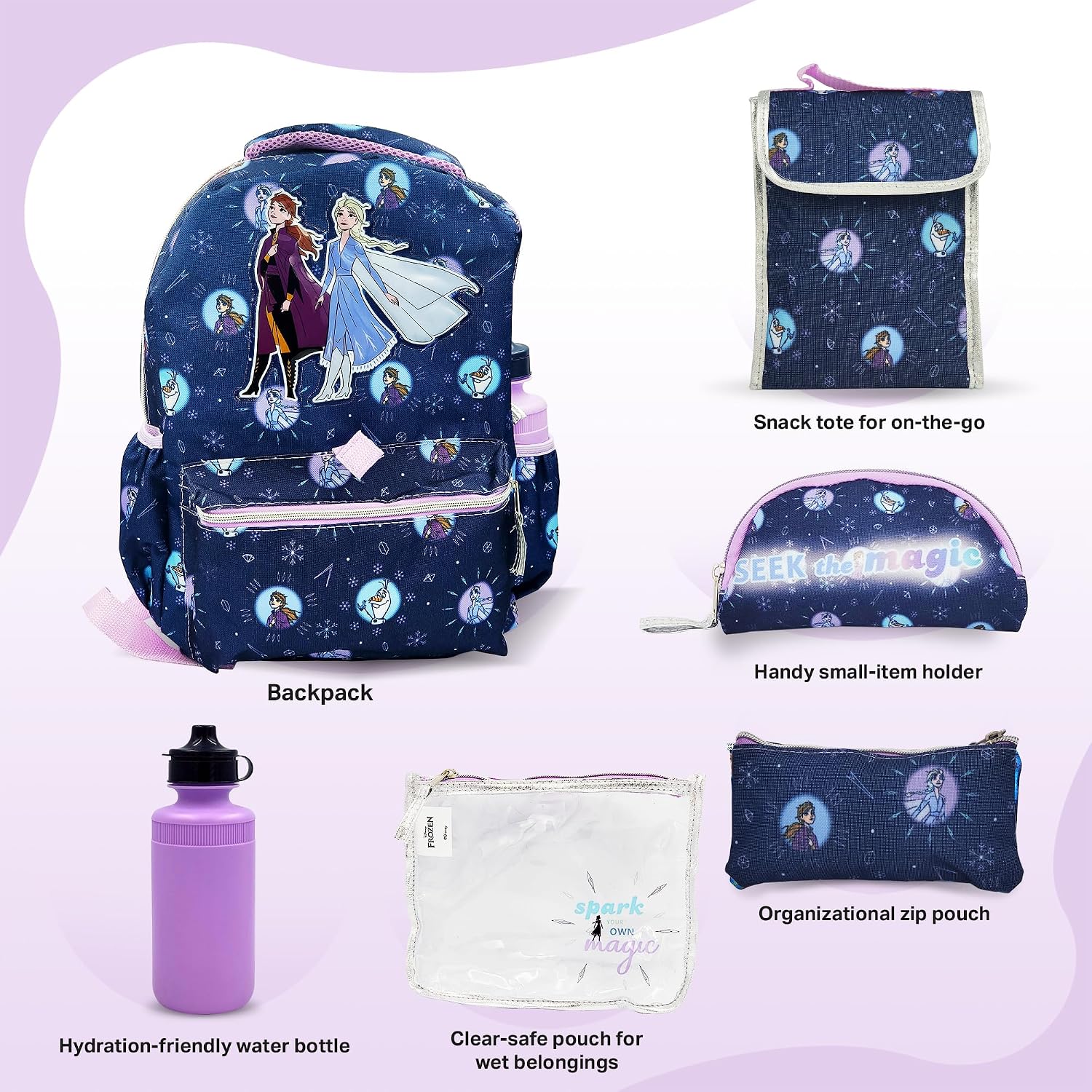 Disney Frozen Backpack for Girls 16 inch - 6 Piece Set, Frozen Bookbag with Lunch Box, Perfect for Back to School & Elementary Age Girls