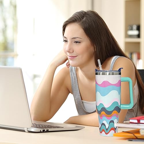 Miniatura 6 de Vaso de 40 onzas con asa y pajita, taza de acero inoxidable de camuflaje extra grande con aislamiento al vacío de doble pared, taza de viaje,