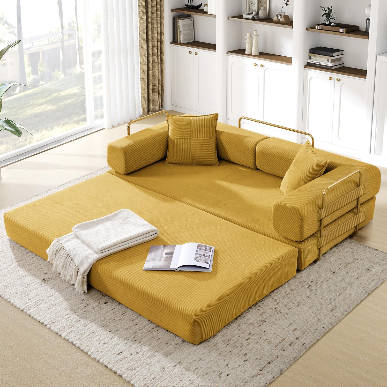 Convertible Folding Sofa Bed, Corduroy Sleeper Mattress Couch with Fixed-Shape Frame, Free Combination Loveseat Lounge Floor Sofa, Queen Size Memory