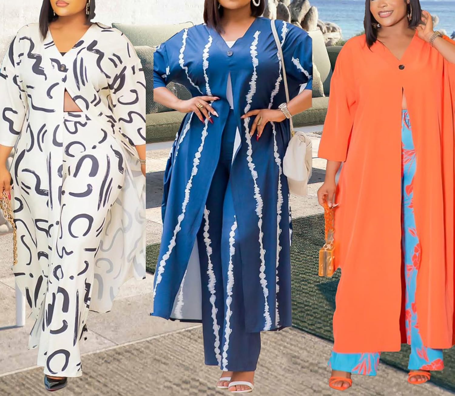 Women African 2 Piece Outfits Button V Neck Long Plus Size Split Caftans Wide Leg Pants Sets - Image 4