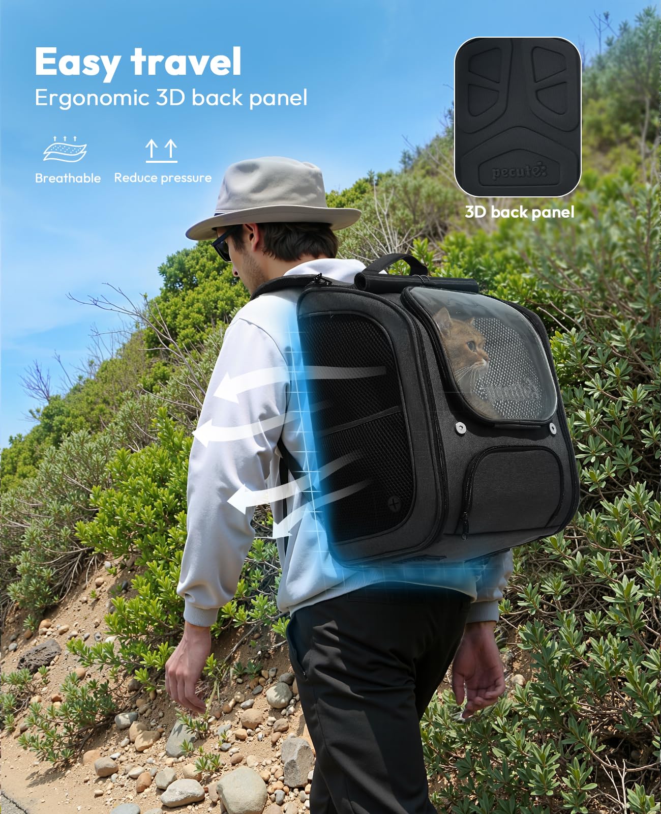 Pecute Zaino Trasportino per Gatti a Bolla - Ampio spazio stabile, parasole traspirante, ideale per viaggiare, fare escursioni, fare visitare cliniche veterinarie con il tuo animale domestico, Nero