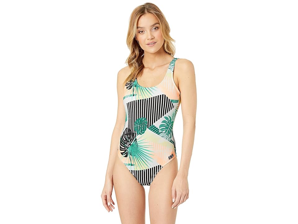 Roxy Pop Surf Mod Basic One-Piece (True Black Crazy Victoria Popsurf) Women's Swimsuits One Piece, Green