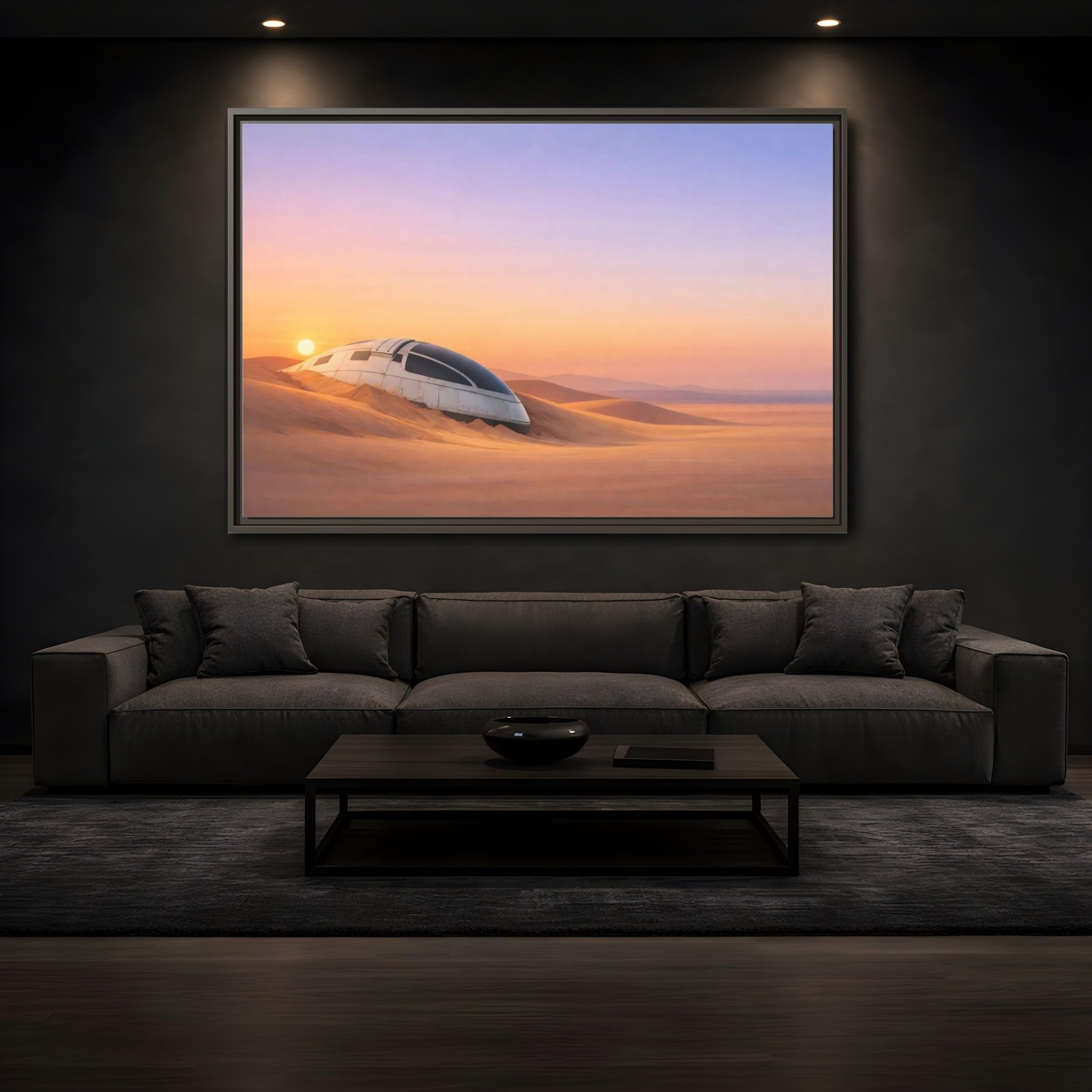 Science Fiction Crashed Spaceship Desert Sunset Framed Canvas Wall Art Print – Living Room Decor 18×12 inch (45×30 cm) - Horizontal/Black / 1.25 inch (3 cm)