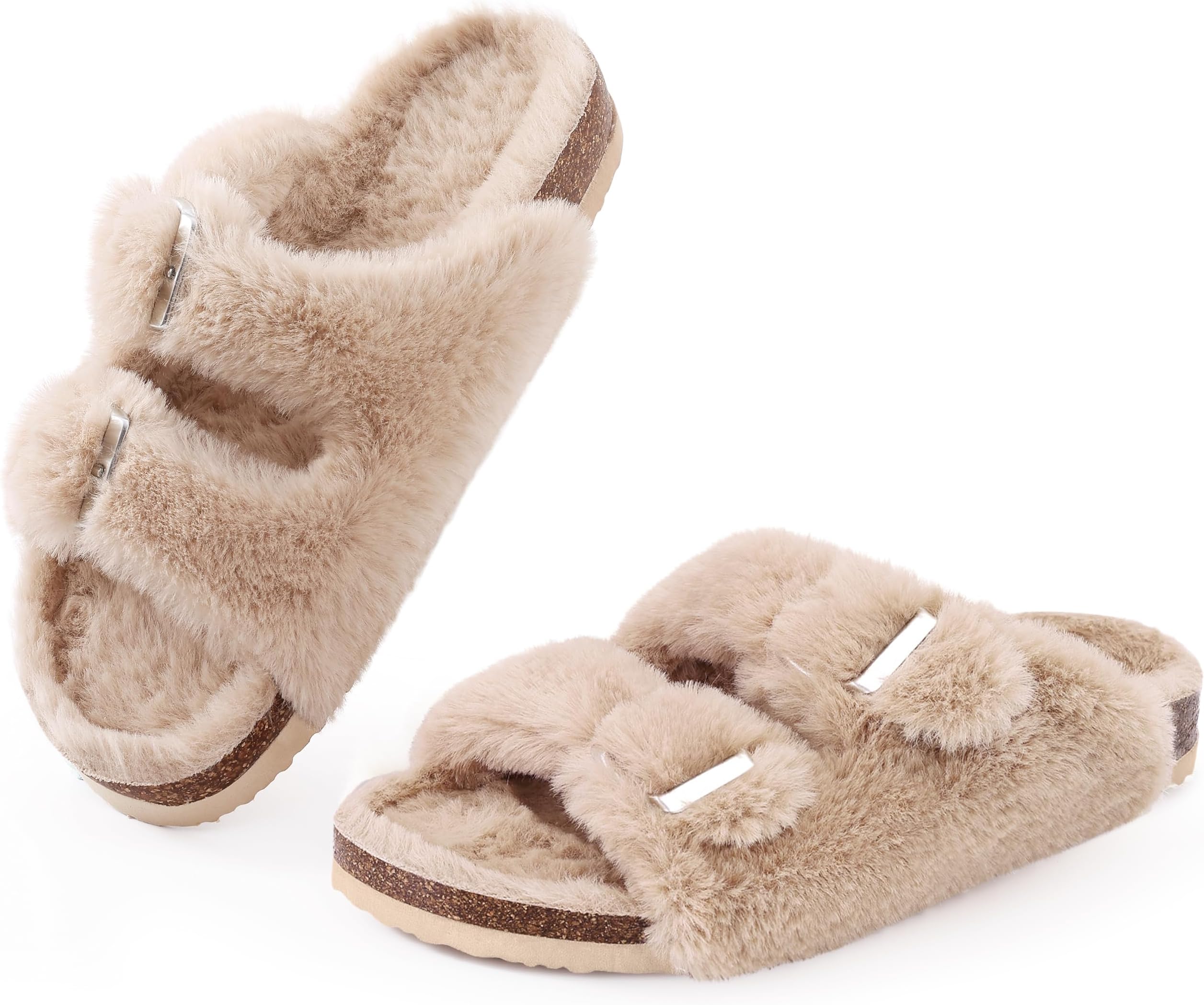 Fuzzy Slippers Women with Cork Footbed Fluffy Slides Open Toe Indoor House Shoes | Arch Support | Adjustable Buckles