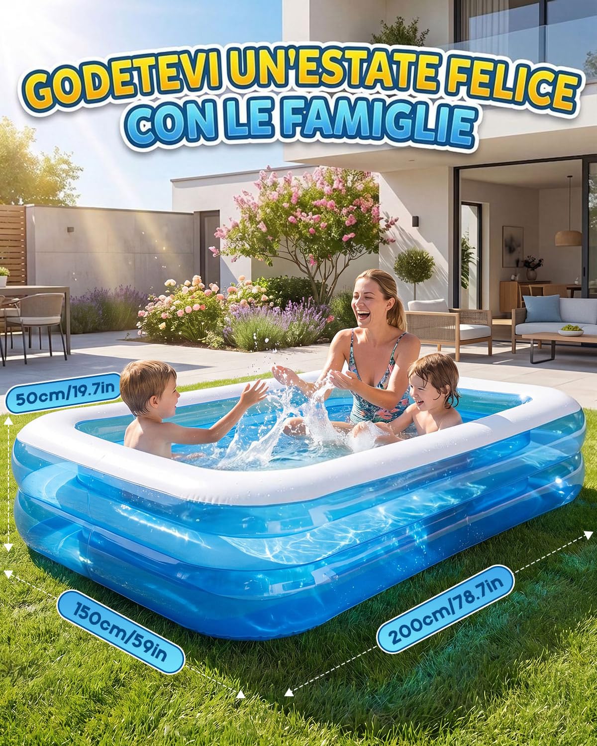 Piscina Gonfiabile Rettangolare per Bambini e Adulti, Vasca d’Acqua 200X150X50cm, Piscina Familiale Estiva, Modello Multiuso per Giardino, Utilizzo Interno ed Esterno