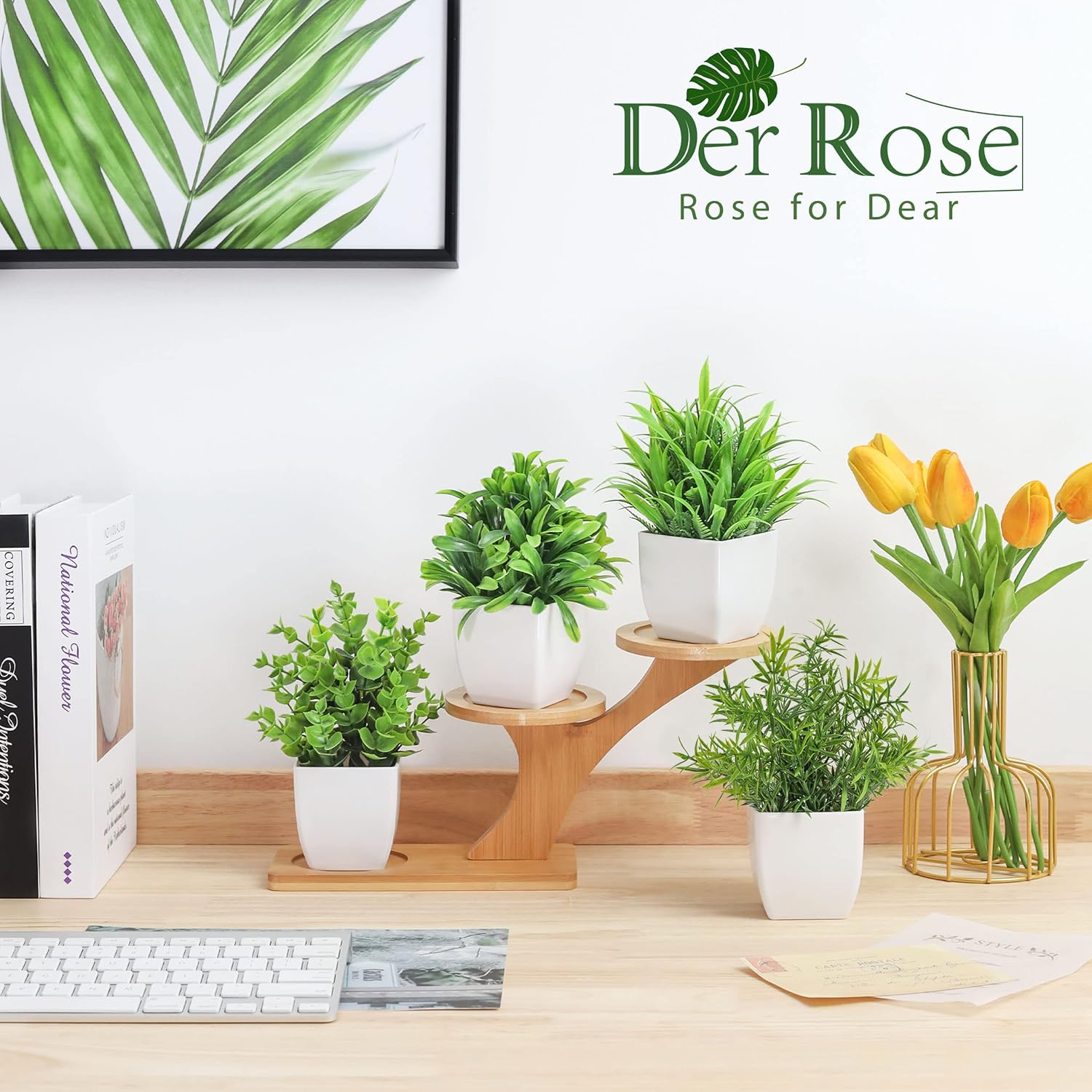 Der Rose Bundle of 4 Packs Small Fake Plants and 4 Packs Small Fake Plants with Flowers for Home Room Farmhouse Bathroom Decor Indoor