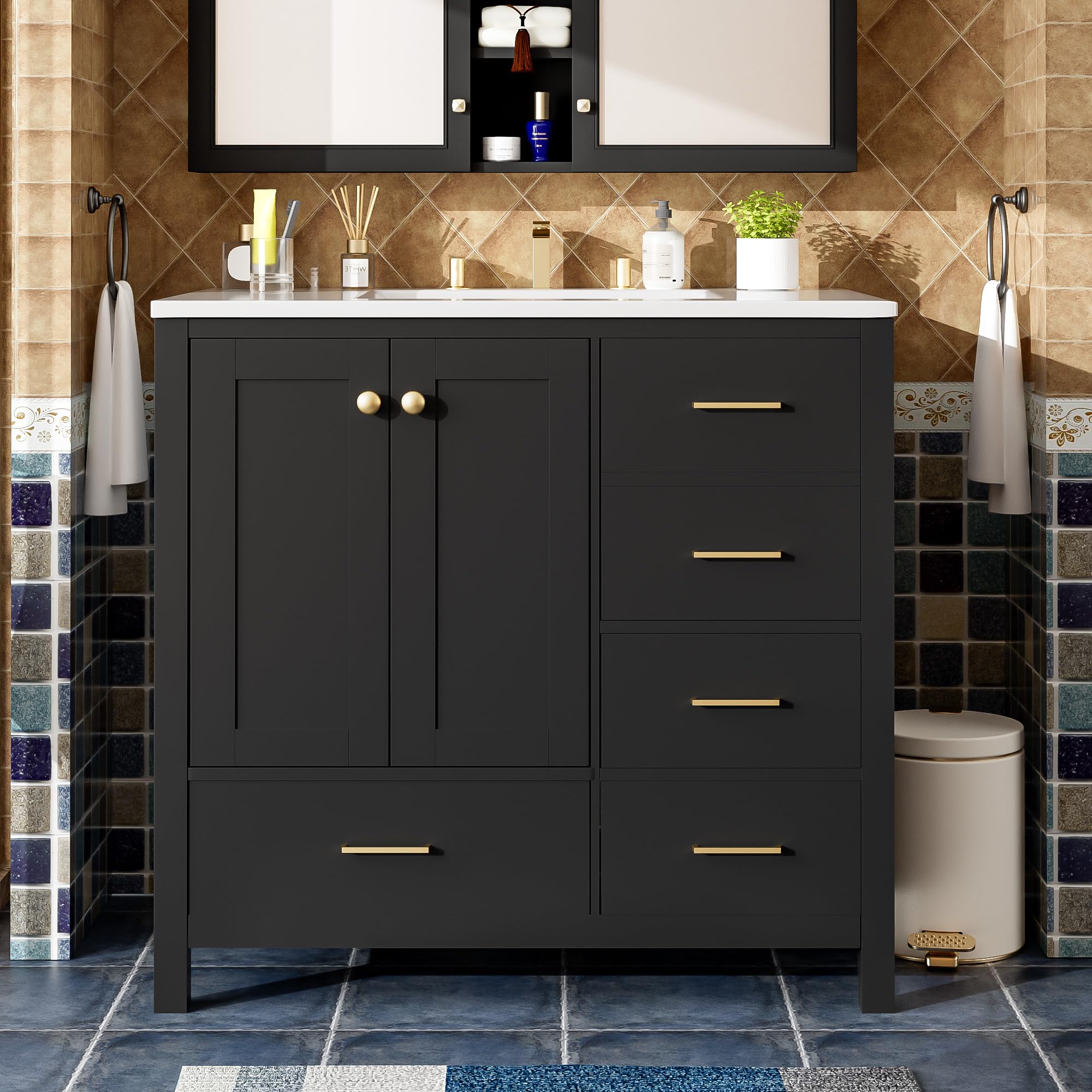 roomfitters 36 Inch Bathroom Vanity with Ceramic Sink Combo, Solid Wood Frame Storage Cabinet with 4 Drawers, Black