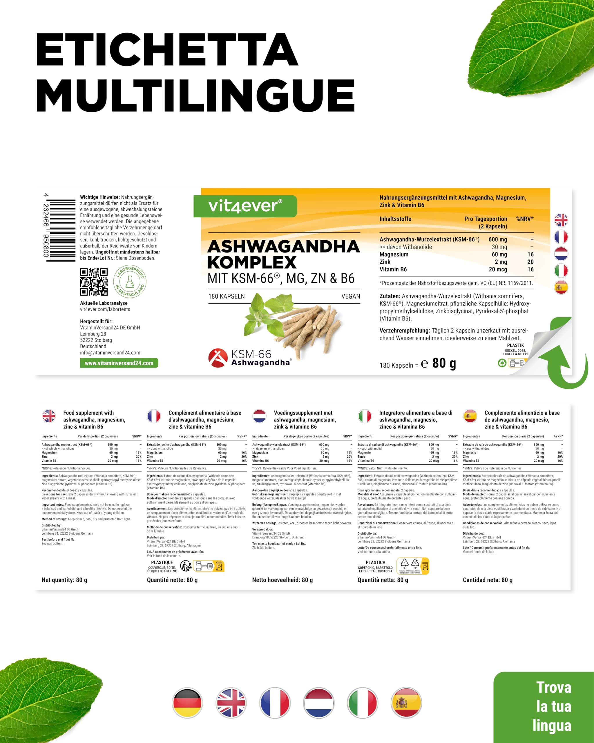 Complesso di Ashwagandha KSM-66® - 180 capsule - 600 mg di ashwagandha al giorno - Con magnesio, zinco e vitamina B6 - Senza additivi - Altamente dosato - Vegan
