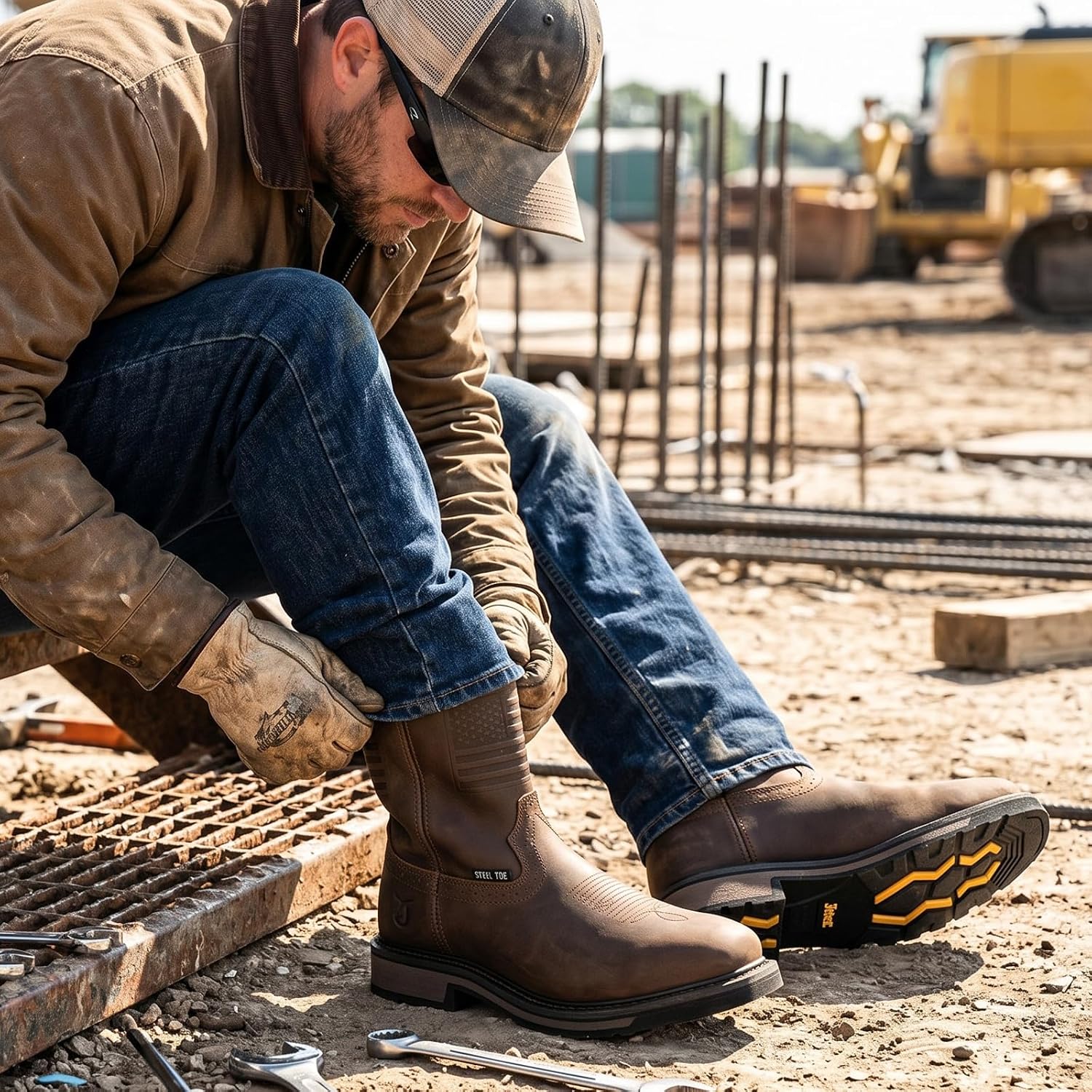 J's.o.l.e Steel Toe Work Boots for Men Square Toe Cowboy Boots Leather Western Rancher Welding Farming Heavy Duty Safety Shoes Brown