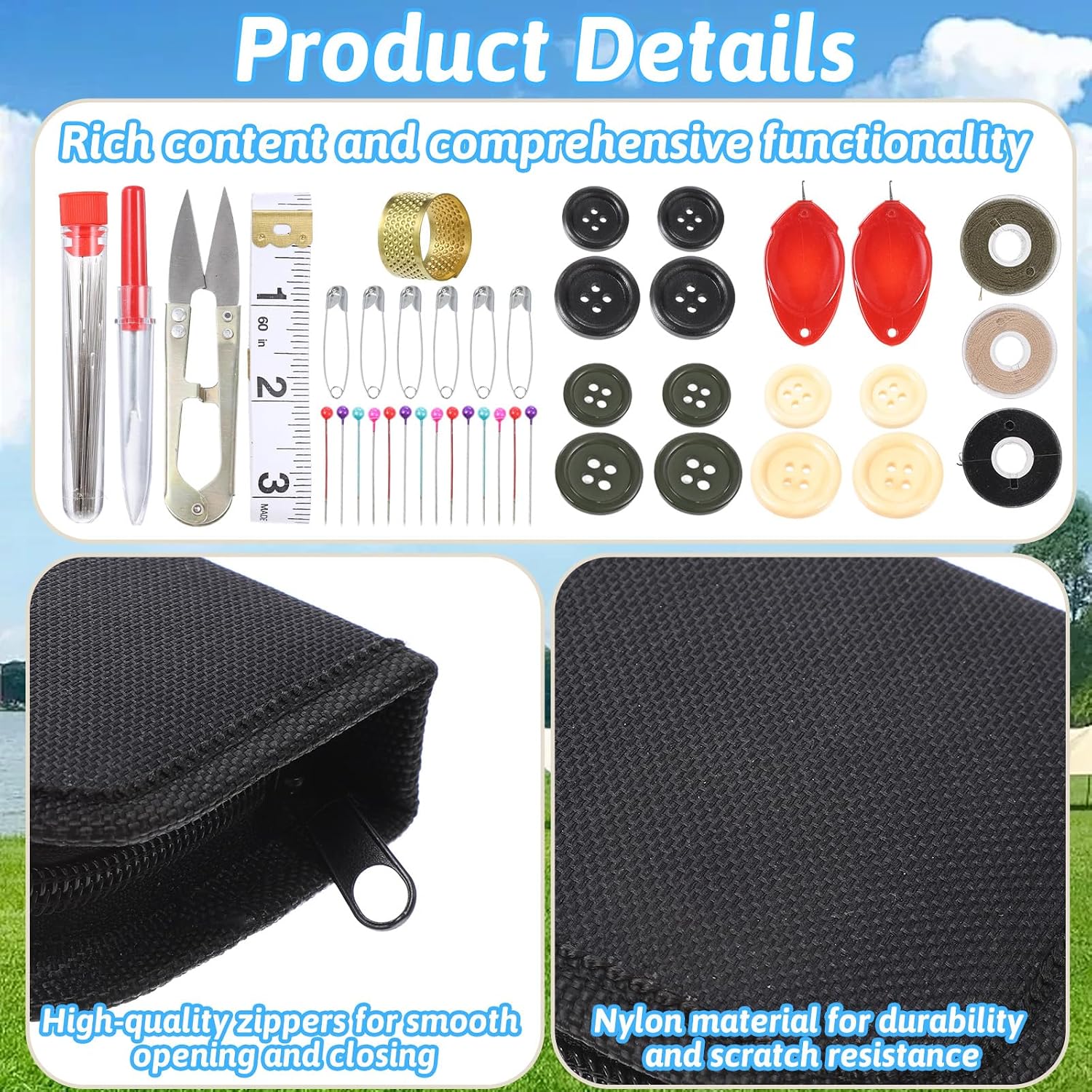 Small Sewing Kit, Durable Nylon Portable Small Travel Button Sewing Kit Complete Thread Needle Repair Tools with Zipper for Men Women Outdoor Travel Field Emergency (Black)