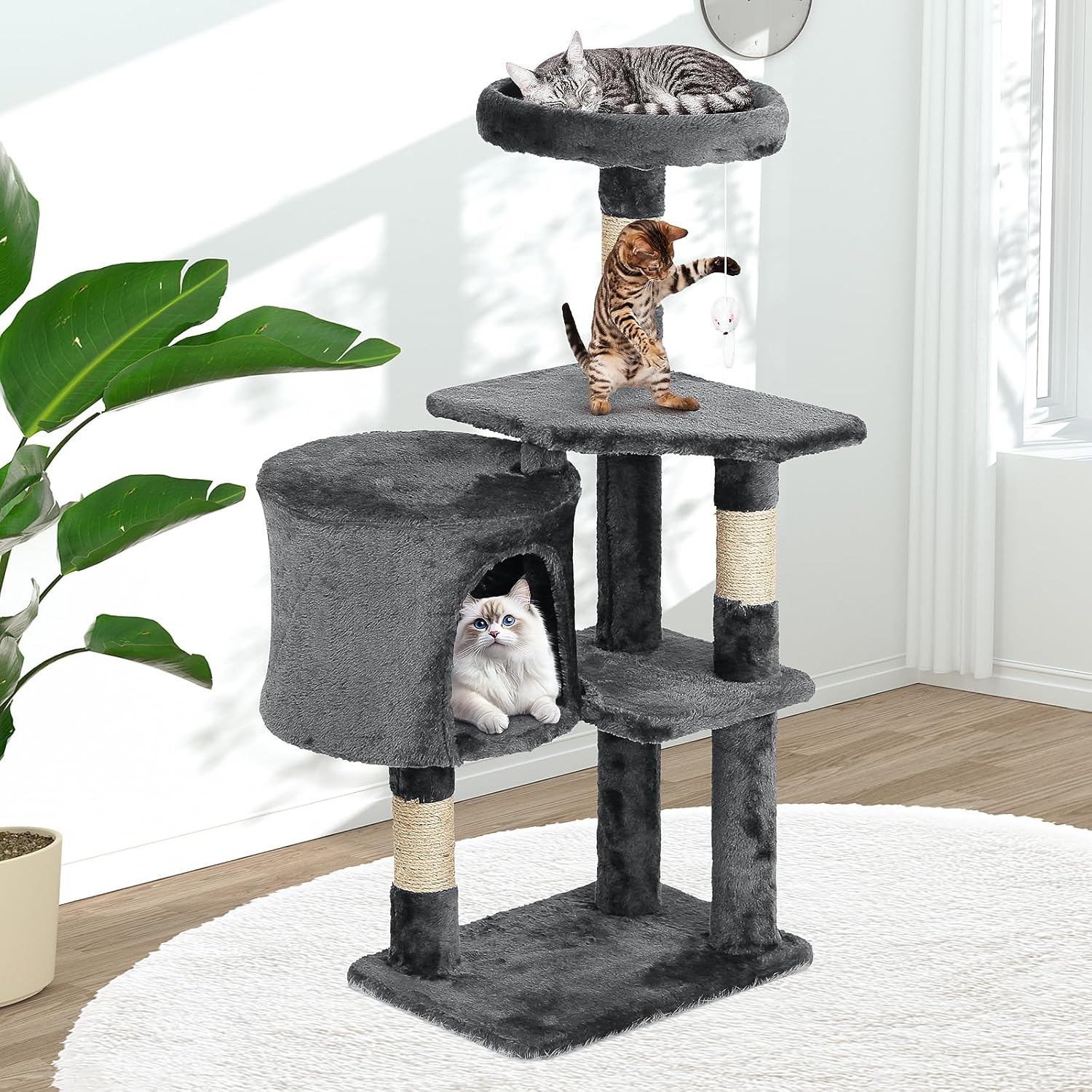 36 inch Cat Tree with Scratching Posts - Multi-Level Activity Center for Indoor Cats, Cat Condo Tower with Plush Perch (Light Gray)
