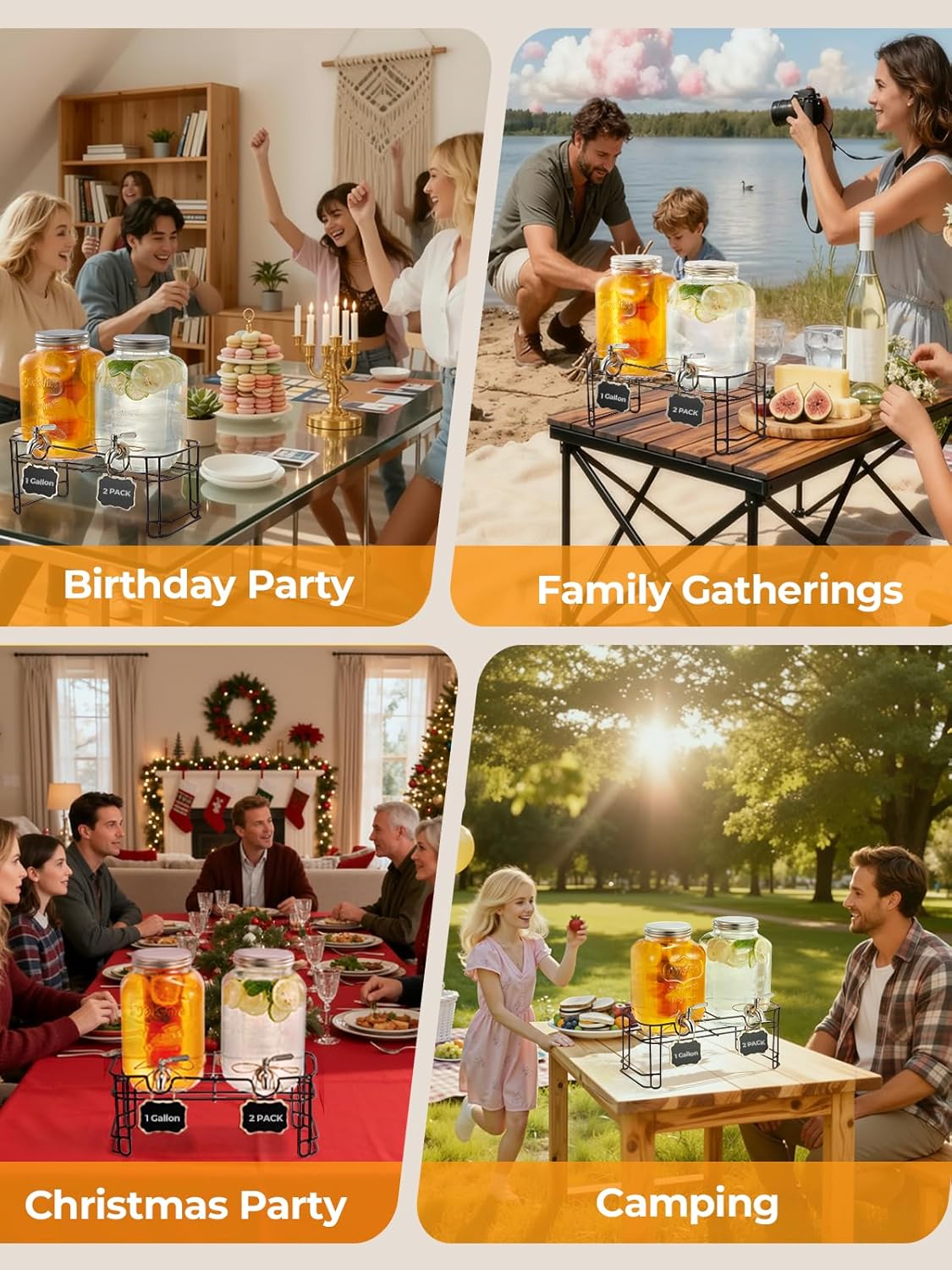 Drink Dispensers for Parties 1 Gallon, 2-PACK Glass Beverage Dispenser with Leakproof Stainless Steel Spigot, Stand, Ice Cylinder, for Christmas, BBQ, Picnic, Lemonade, Cocktails - Image 6