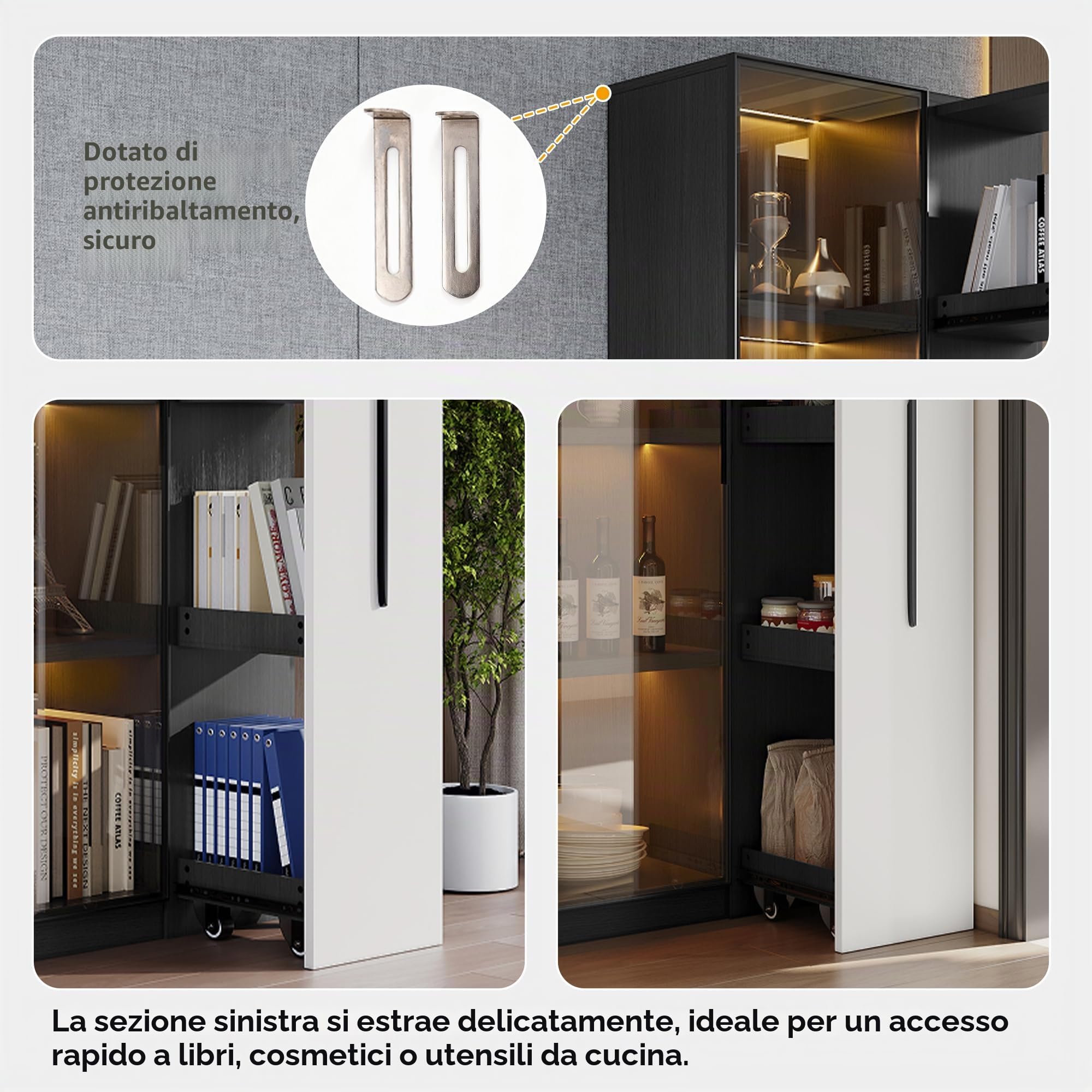 Merax Vetrina 70 × 40 × 160 cm, libreria con porta in vetro temperato, telaio in alluminio, estrattore laterale e cassetto, con ruote e illuminazione a LED, per soggiorno e sala da pranzo