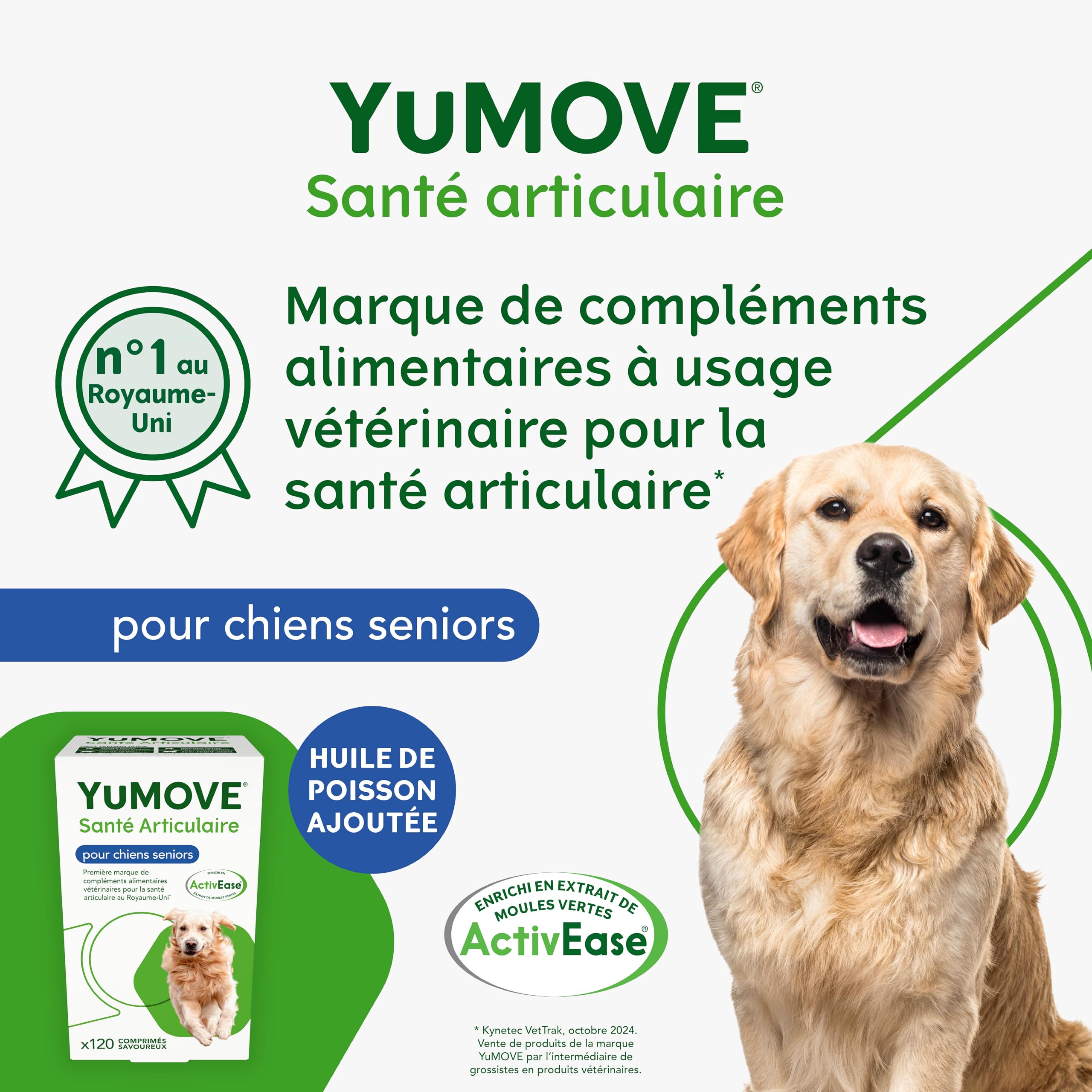 YuMOVE Arthrose Chien Senior 8+ Ans - 120 Comprimés - 170mg par Comprimé Brevet en Instance ActivEase Moule Verte - Glucosamine Chondroïtine et Acide Hyaluronique pour Mobilité Complément Articulation