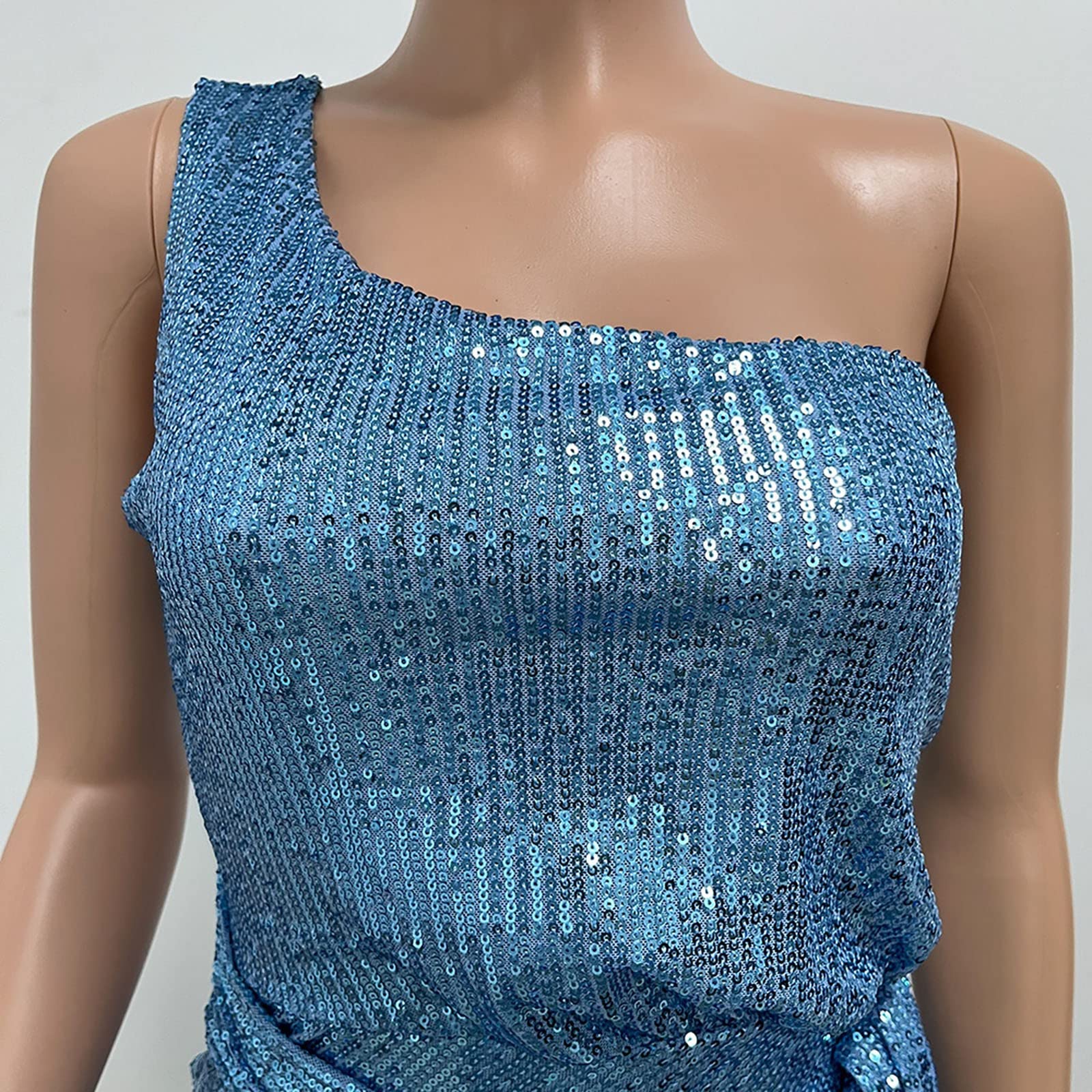 Abito Elegante Donna Lungo - Abito da Donna con Paillettes Plissettato con Spacco in Vita E Cravatta