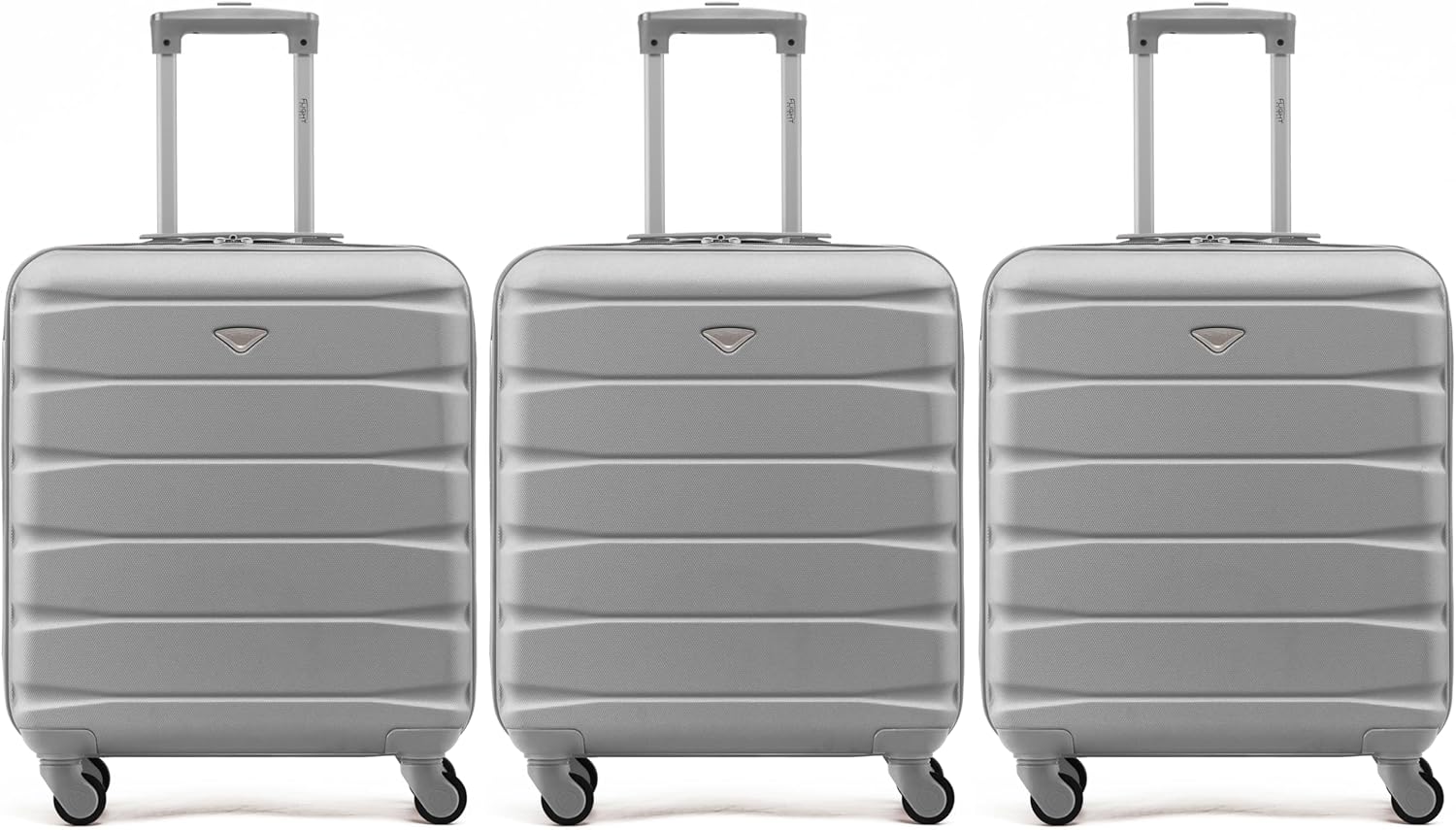 Flight Knight Confezione da 3 valigie premium Valigia da viaggio leggera extra resistente con 4 ruote e lucchetto integrato compatibile con oltre 100 compagnie aeree, argento, set di valigie