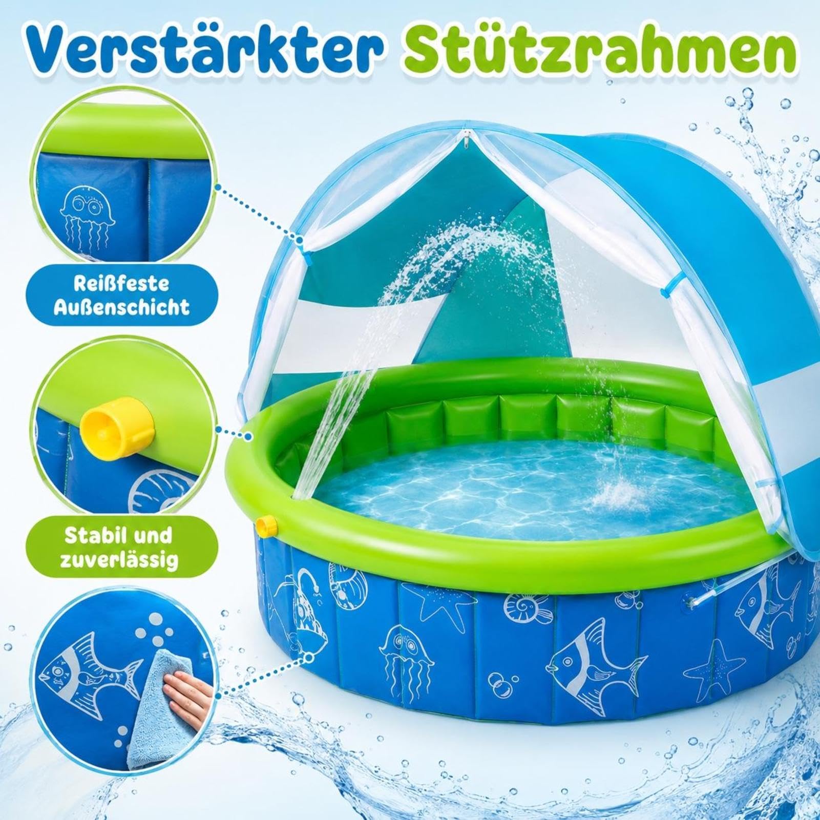 Kinderpool Mit Sonnendach - Faltbares Planschbecken | UV Schutzdach | 100 X 100 X 30 Cm - Faltbar Mit Tragetasche | UV Schutz Und Sichtfenster | Für Garten Camping Park Und Reisen