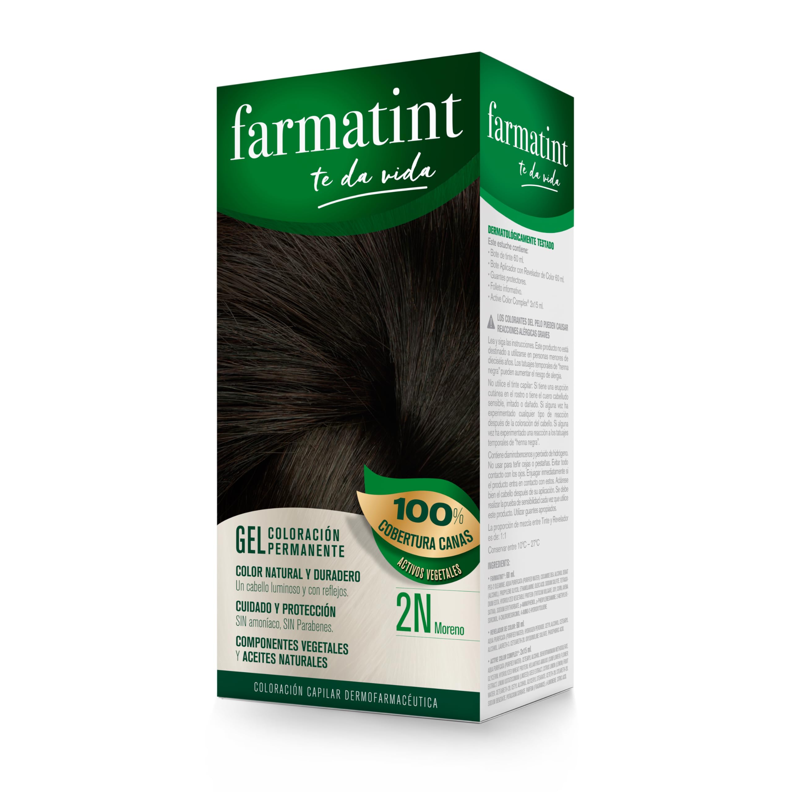 farmatint Gel Coloración permanente, Sin Amoníaco, sin parafinas, 2N Moreno, 135 ml