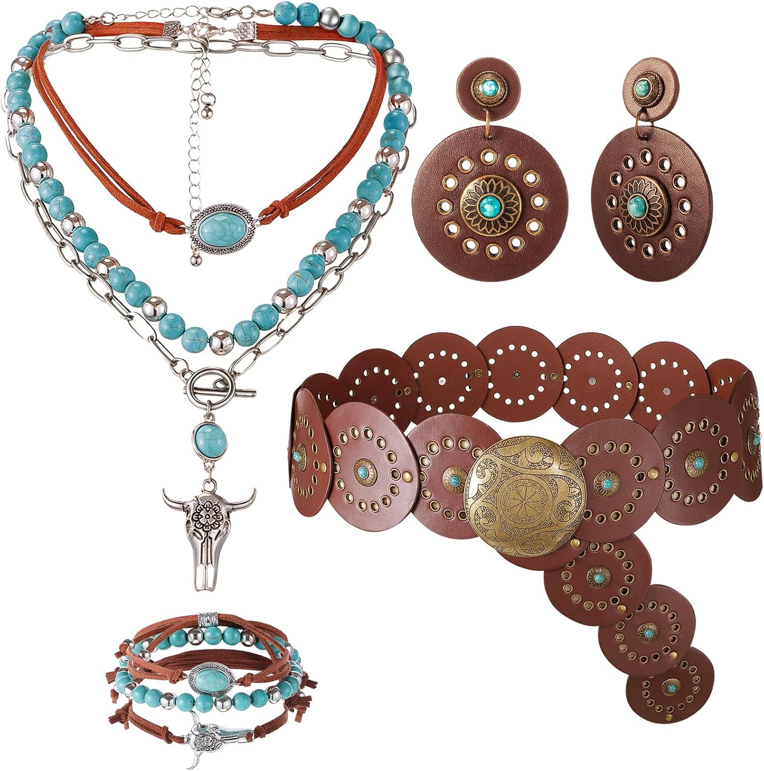 Liliaafar 4 Pcs Western Cowgirl Outfit Accessories for Women Turquoise Jewelry Sets Layered Necklace Bracelets Vintage Earrings Belts for Country Concert Party Decoration