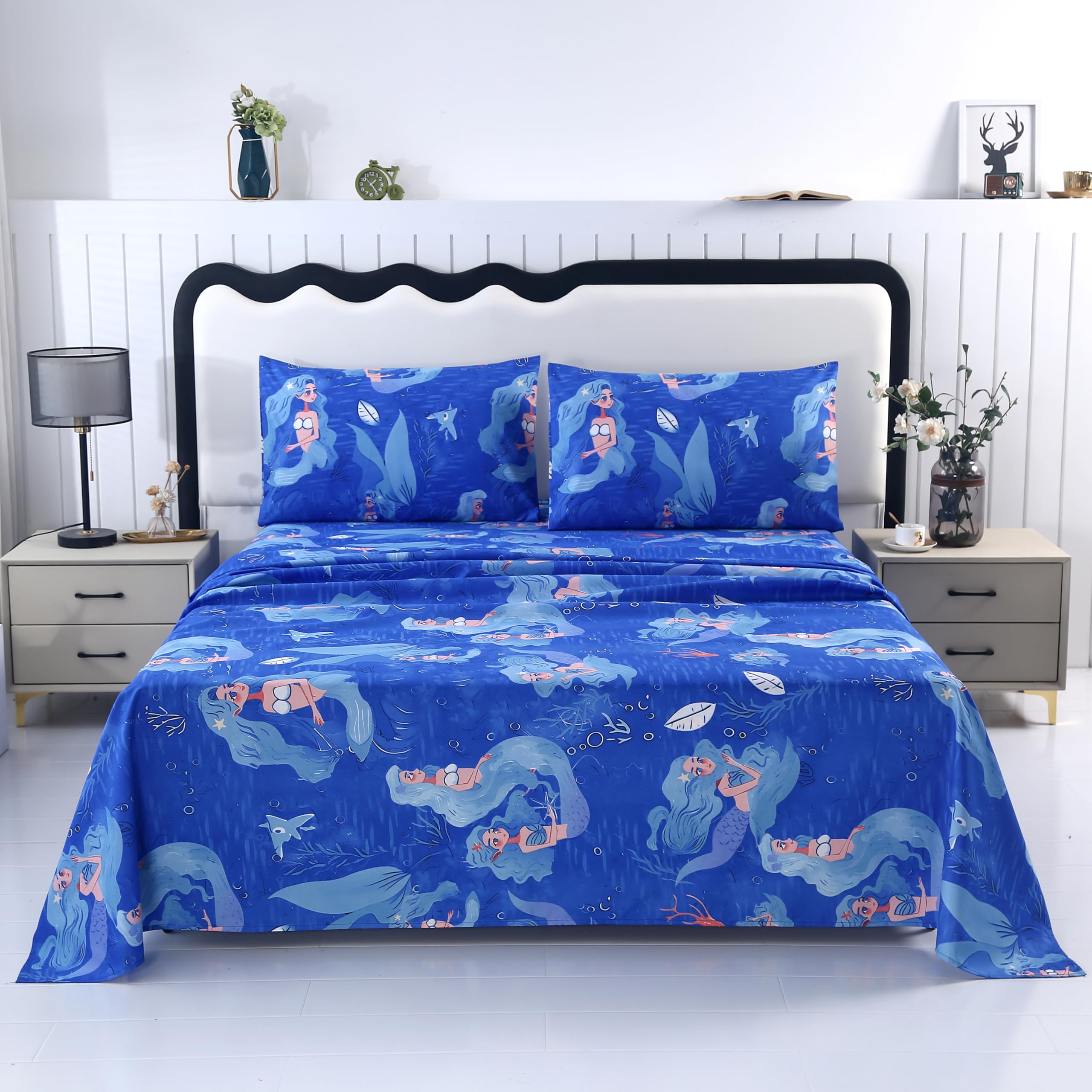 MAG 4Pcs Mermaid Twin Size Sheet Sets,Kids’ Microfiber Bedding Sheet Set,Blue Ocean Themed 1 Fitted Sheet 14'' +1 Flat Sheet+2 Pillowcases for Toddler Boys and Girls,Breathable and Wrinkle.