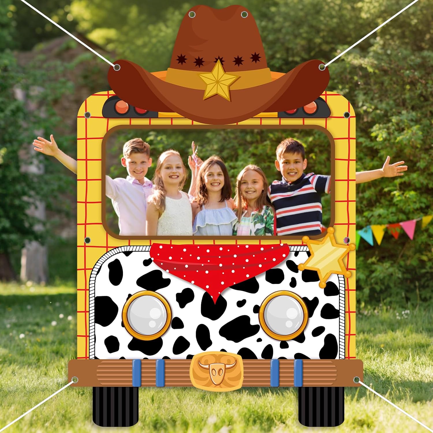 Cartoon Story Truck Shaped Photo Prop Backdrop for Toy Theme Party Decorations Cartoon Cowboy Truck Hanging Banner Cow Print Photo Booth Frame Background for Birthday Baby Shower Party Supplies