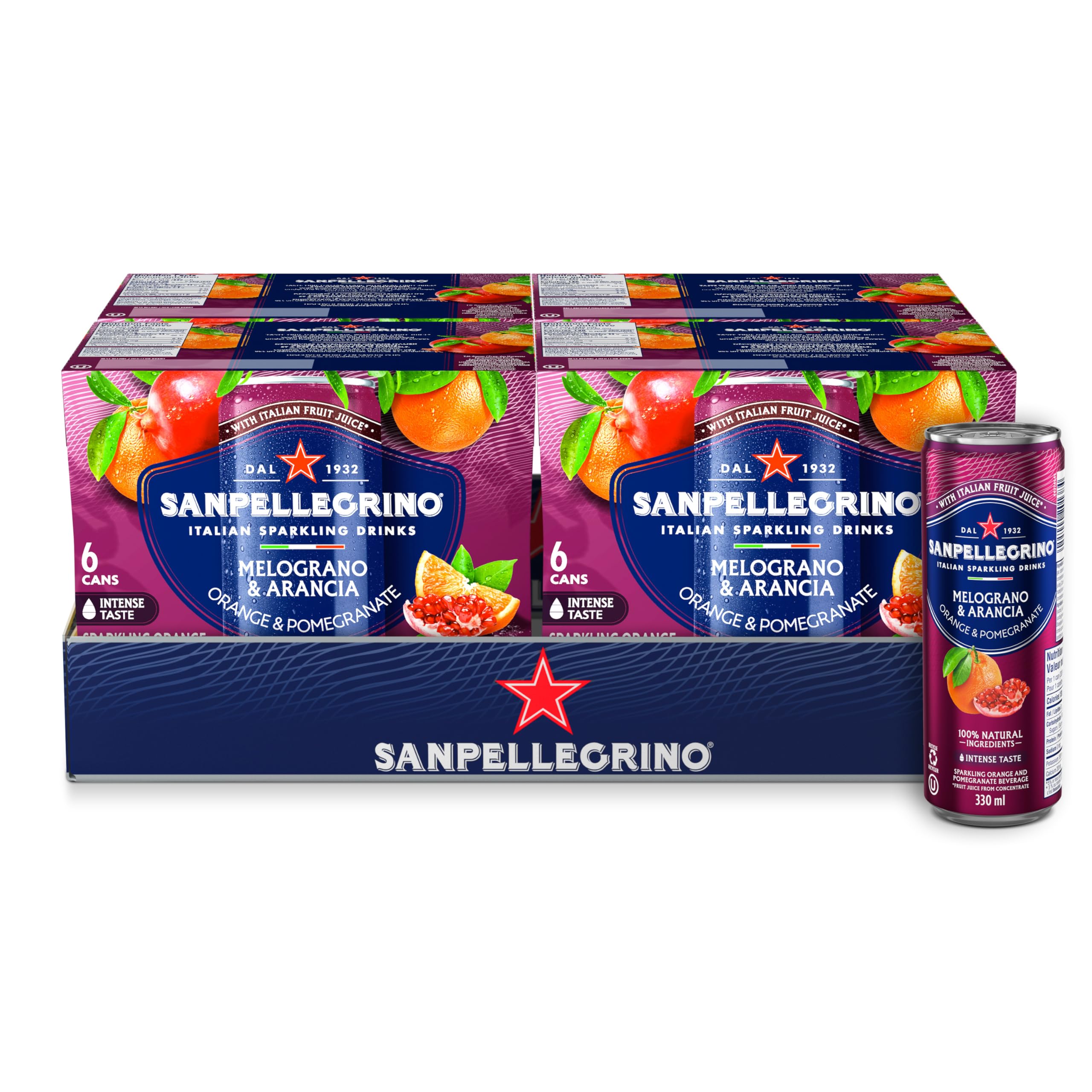 San Pellegrino Naturali Italian Sparkling Drink Melograno & Arancia, Orange and Pomegranate, 330 mL Can, 24 Cans Total