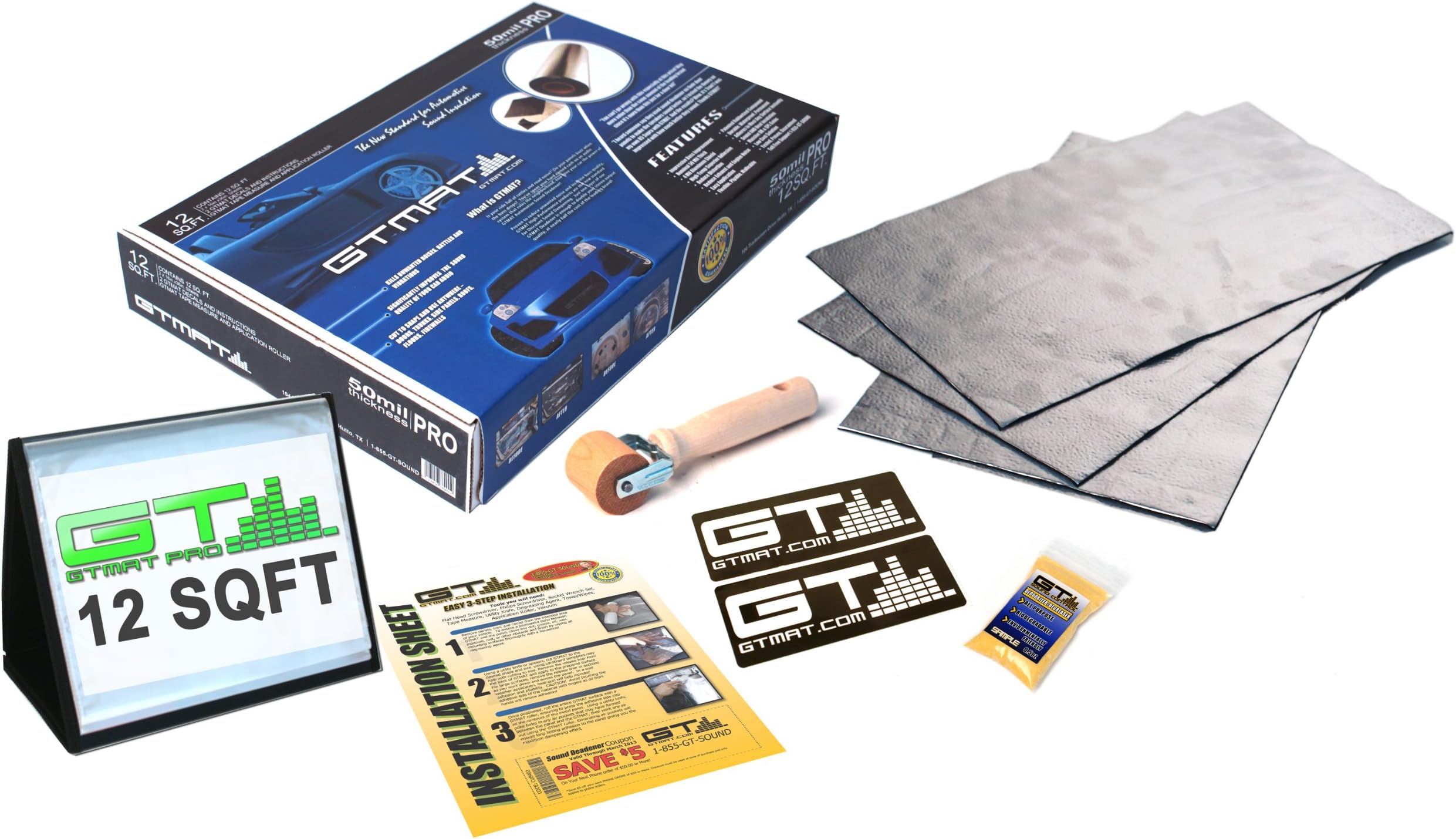 GTMAT 50mil PRO - 12 sqft Car Sound Deadening Automotive Noise Insulation Mat Dampener Kit with Roller (3 Sheets of 36" X 16")